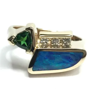 Opal Rings Geometric Inlaid Design with Tsavorite and .08ctw Diamonds