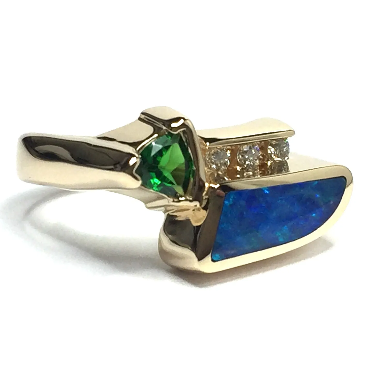 Opal Rings Geometric Inlaid Design with Tsavorite and .08ctw Diamonds