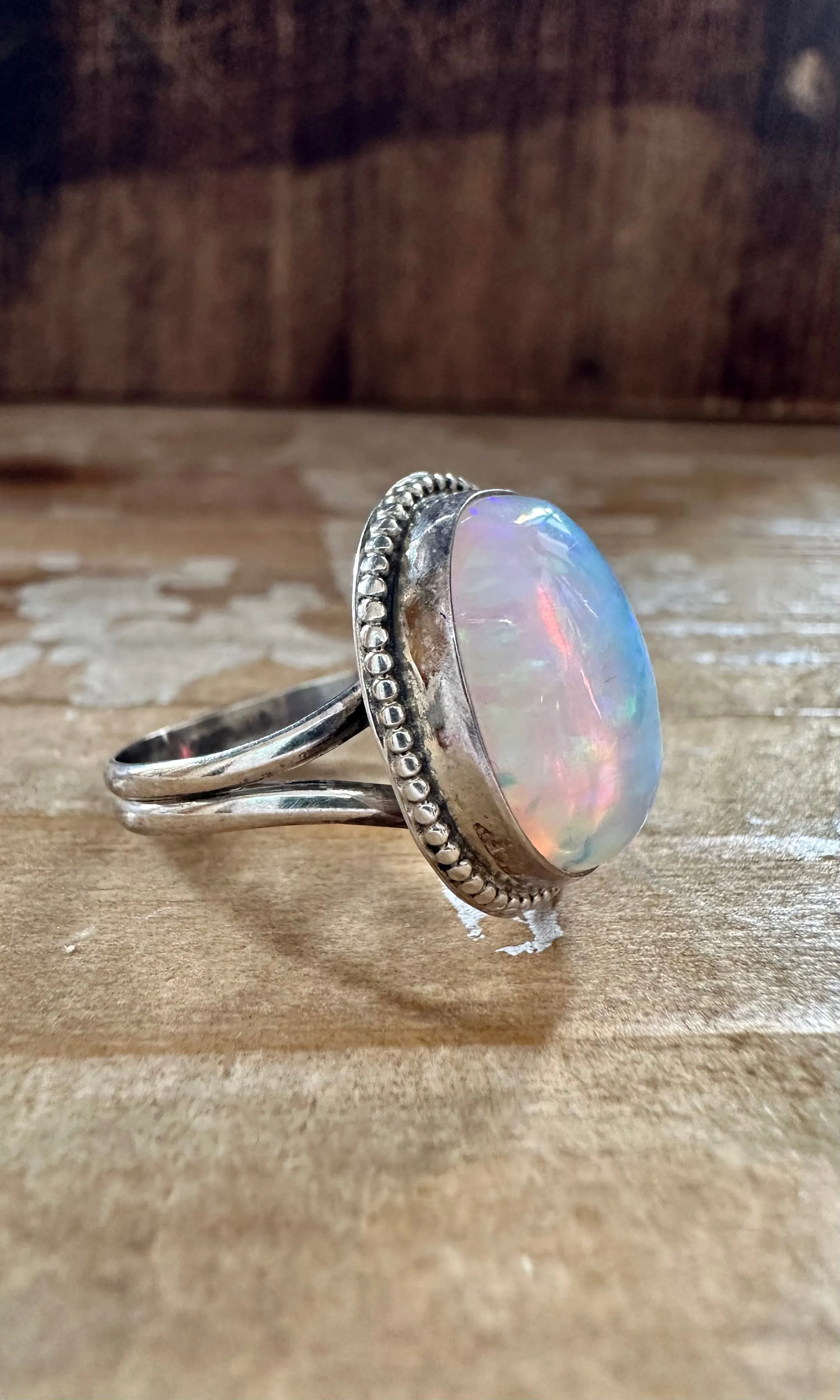 OPAL SUN BEAM Sterling Silver and Lab Opal Ring • Size 7.5