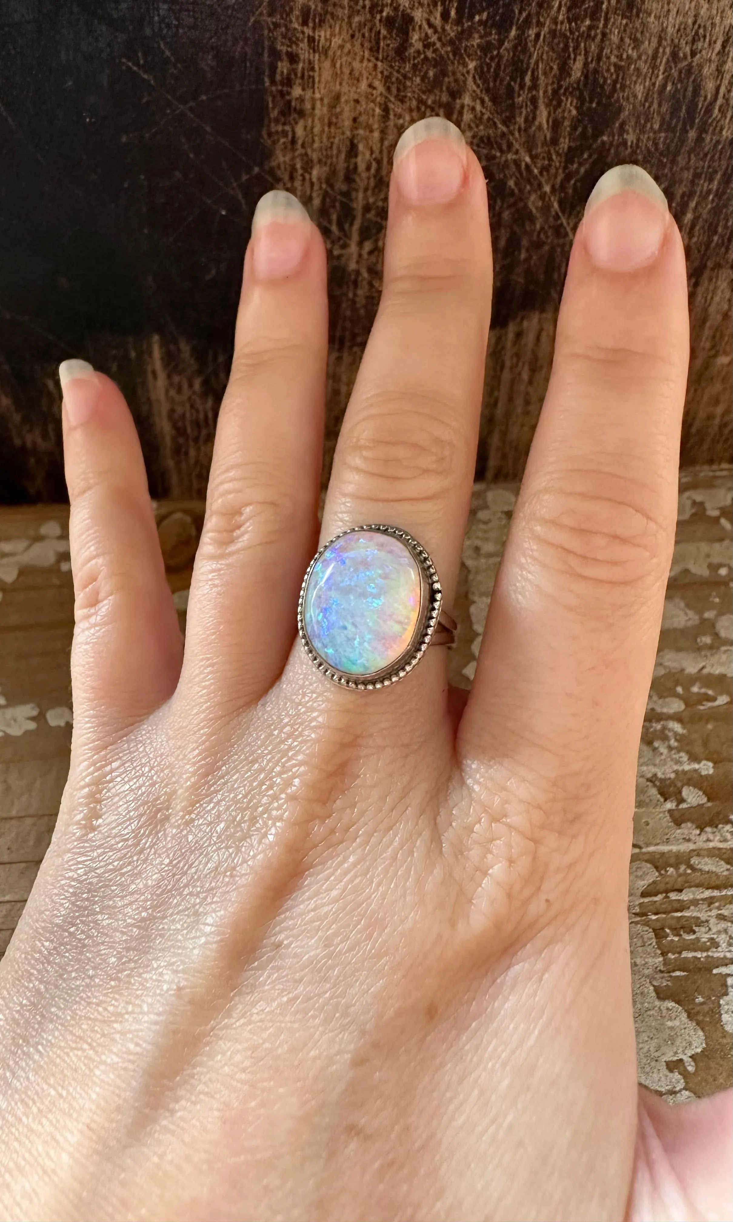 OPAL SUN BEAM Sterling Silver and Lab Opal Ring • Size 7.5