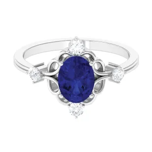 Oval Cut Solitaire Created Blue Sapphire Engagement Ring with Diamond