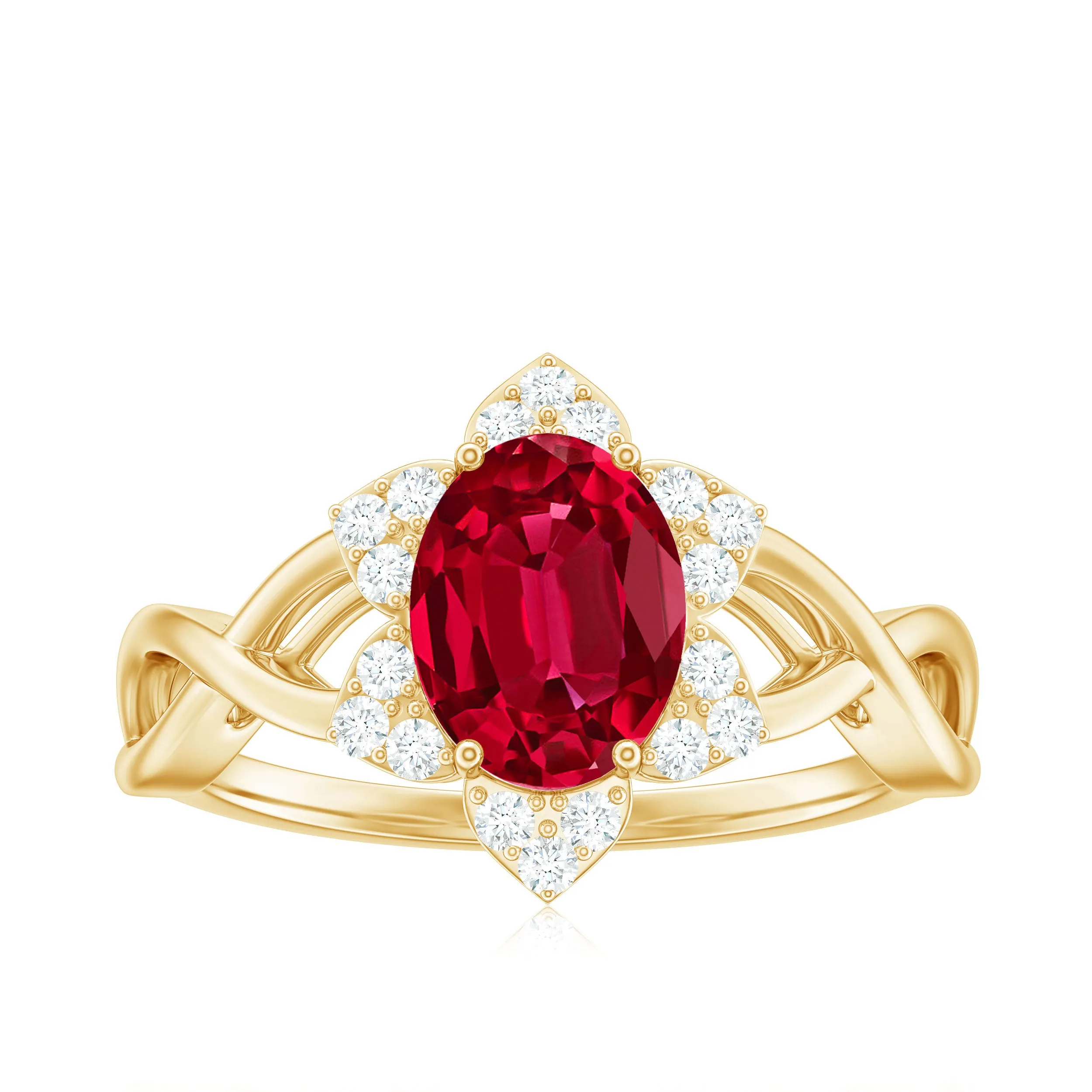 Oval Lab Grown Ruby Floral Ring with Diamond Halo