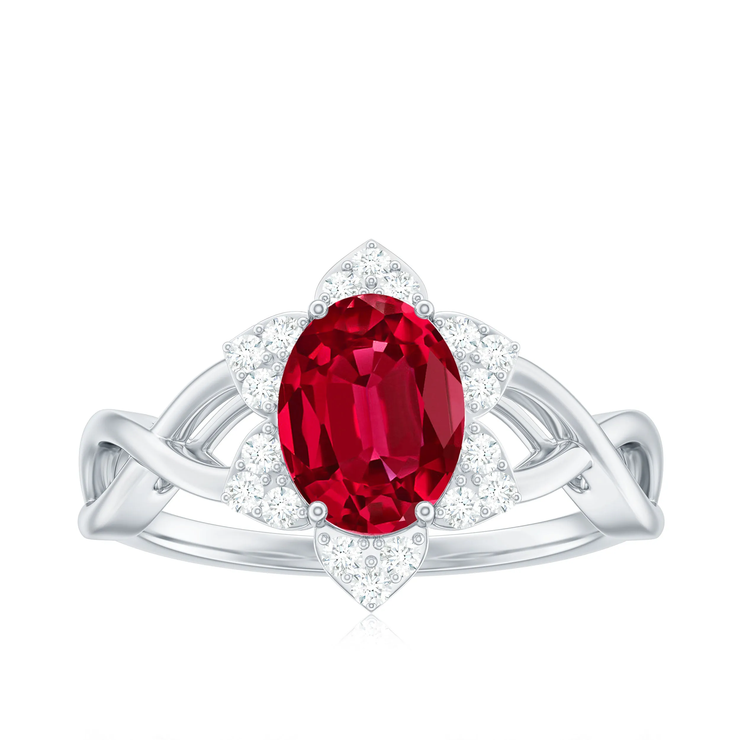 Oval Lab Grown Ruby Floral Ring with Diamond Halo