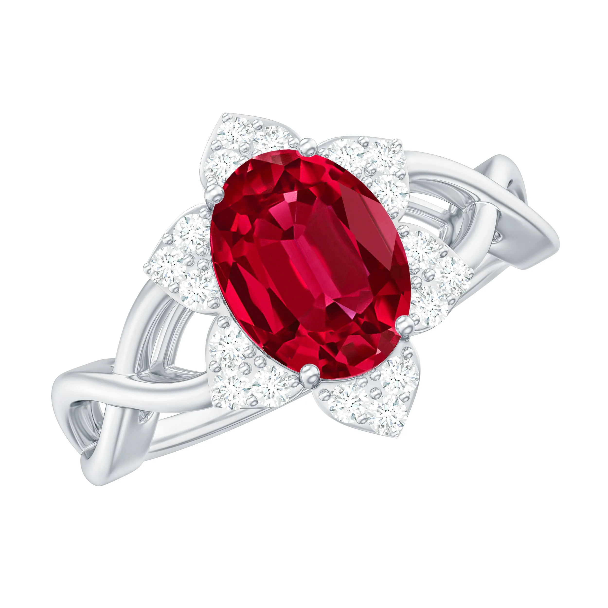 Oval Lab Grown Ruby Floral Ring with Diamond Halo