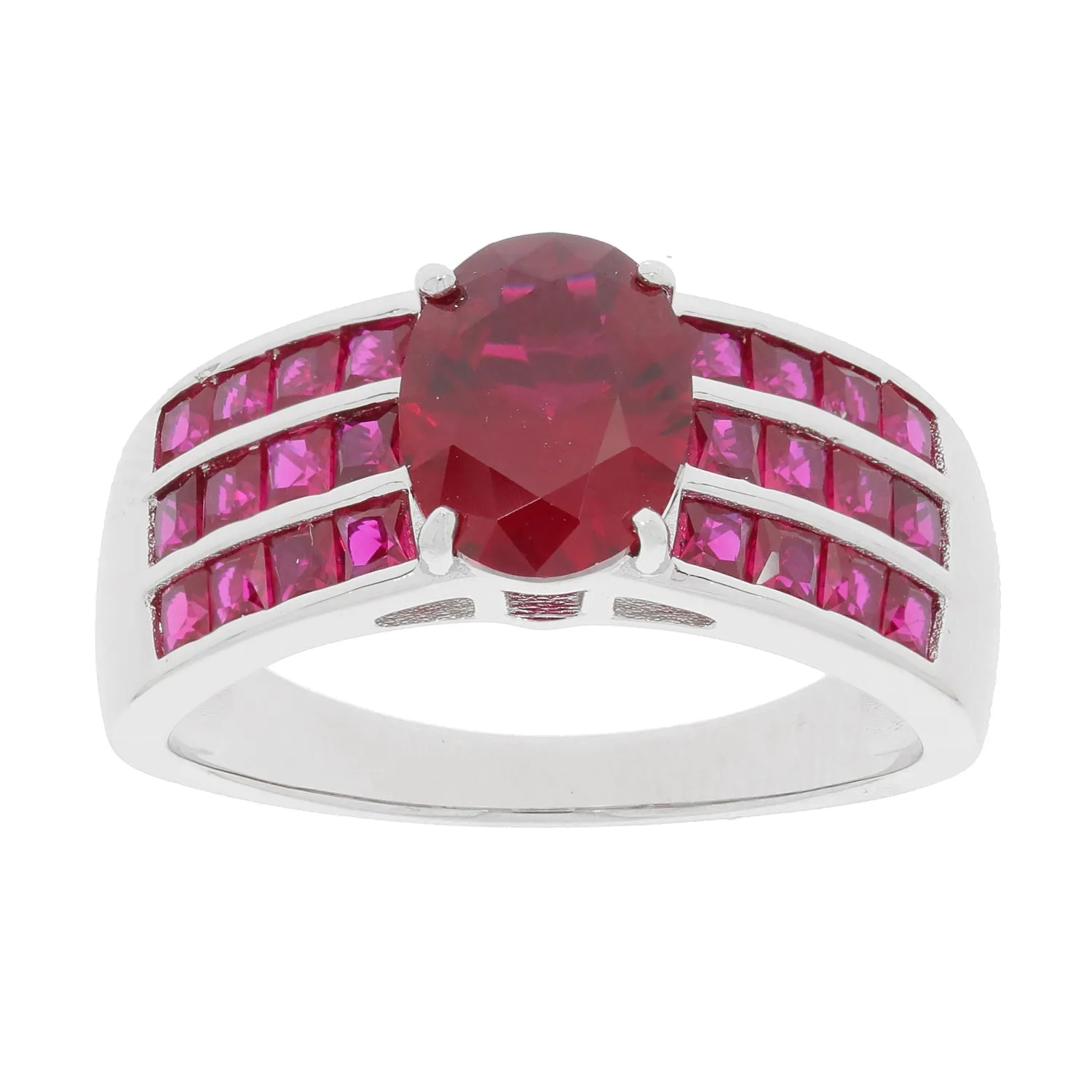 Oval Red Ruby Sterling Silver Ring with Ruby Accent