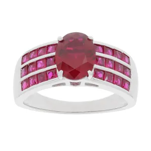 Oval Red Ruby Sterling Silver Ring with Ruby Accent