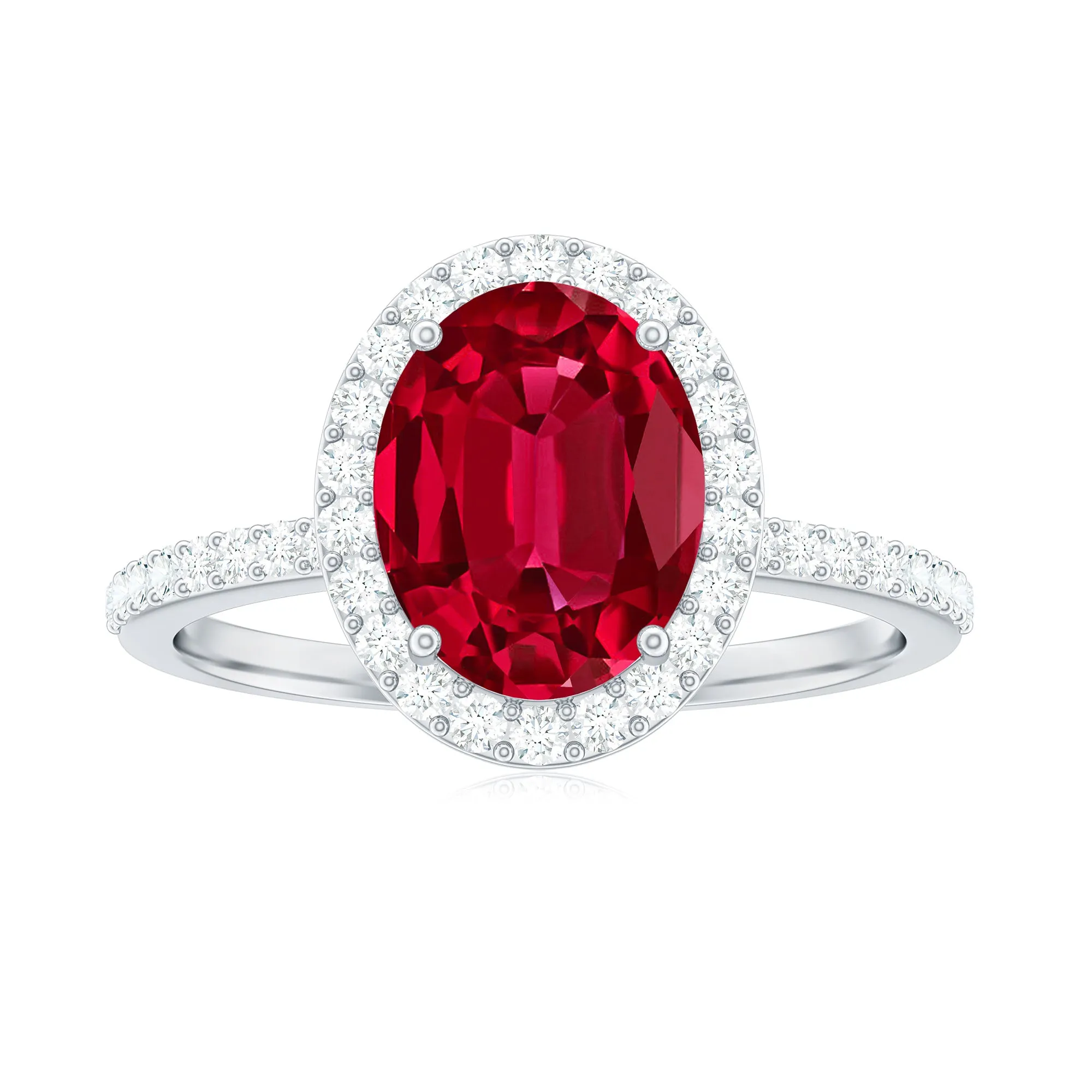 Oval Shape Created Ruby and Diamond Halo Engagement Ring