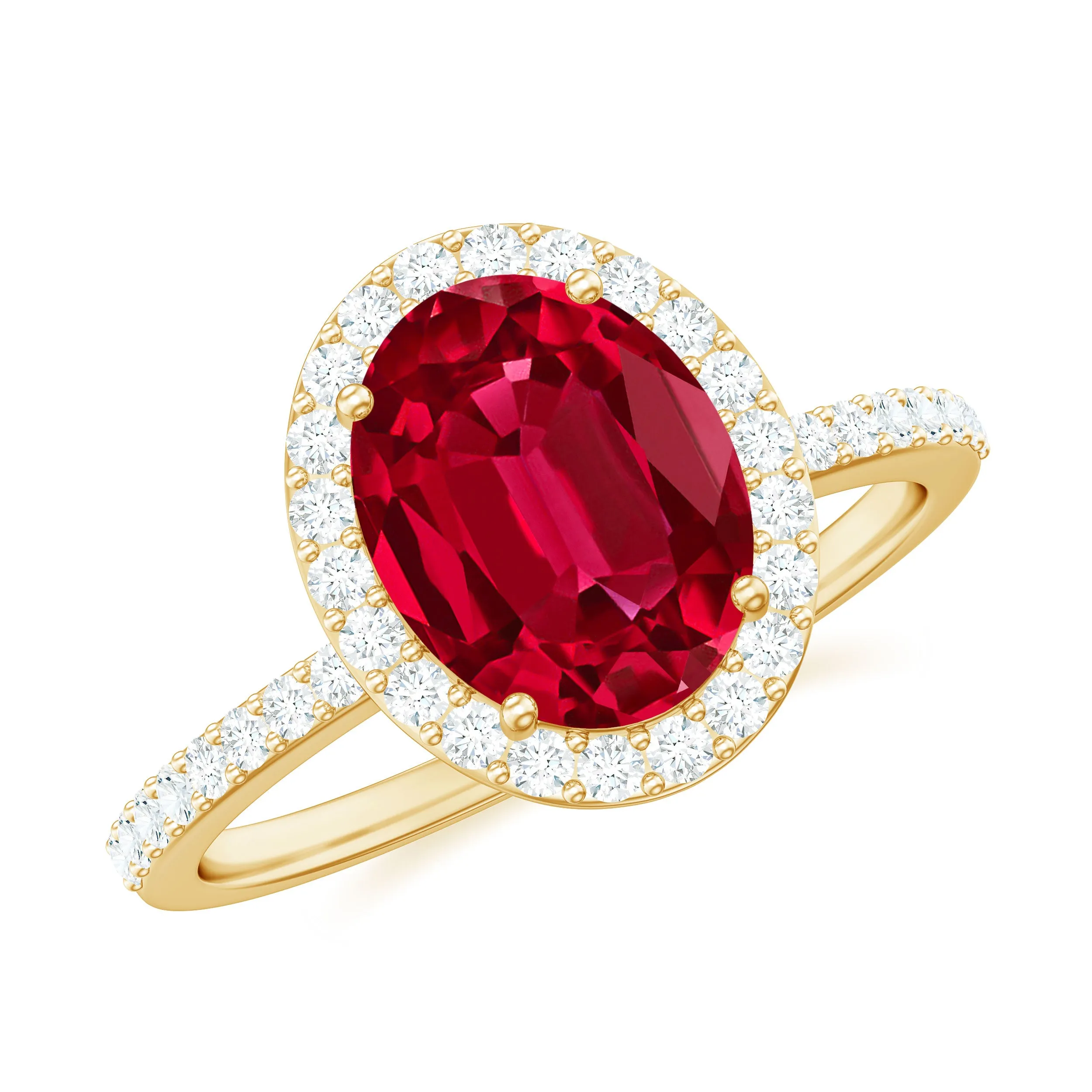 Oval Shape Created Ruby and Diamond Halo Engagement Ring