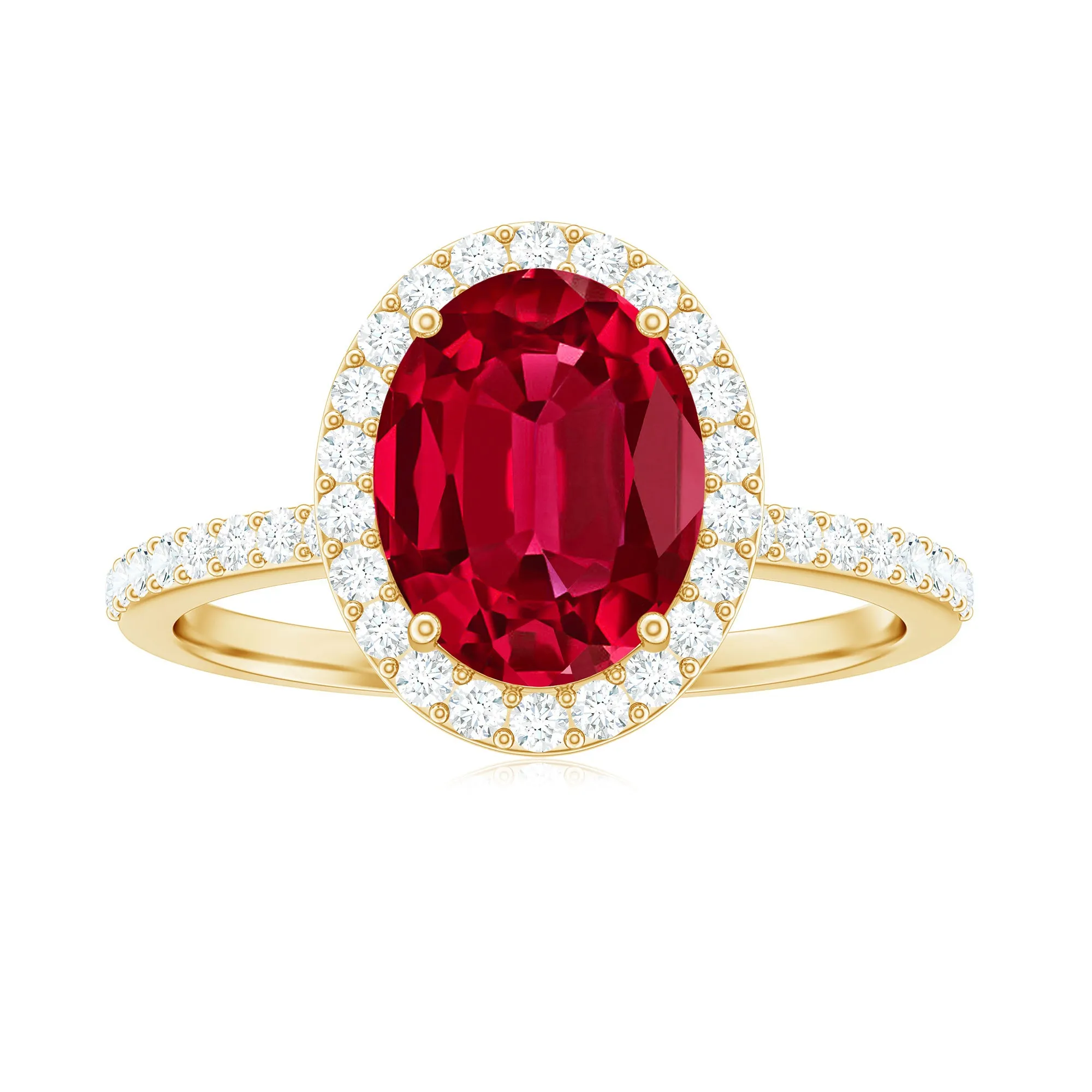 Oval Shape Created Ruby and Diamond Halo Engagement Ring