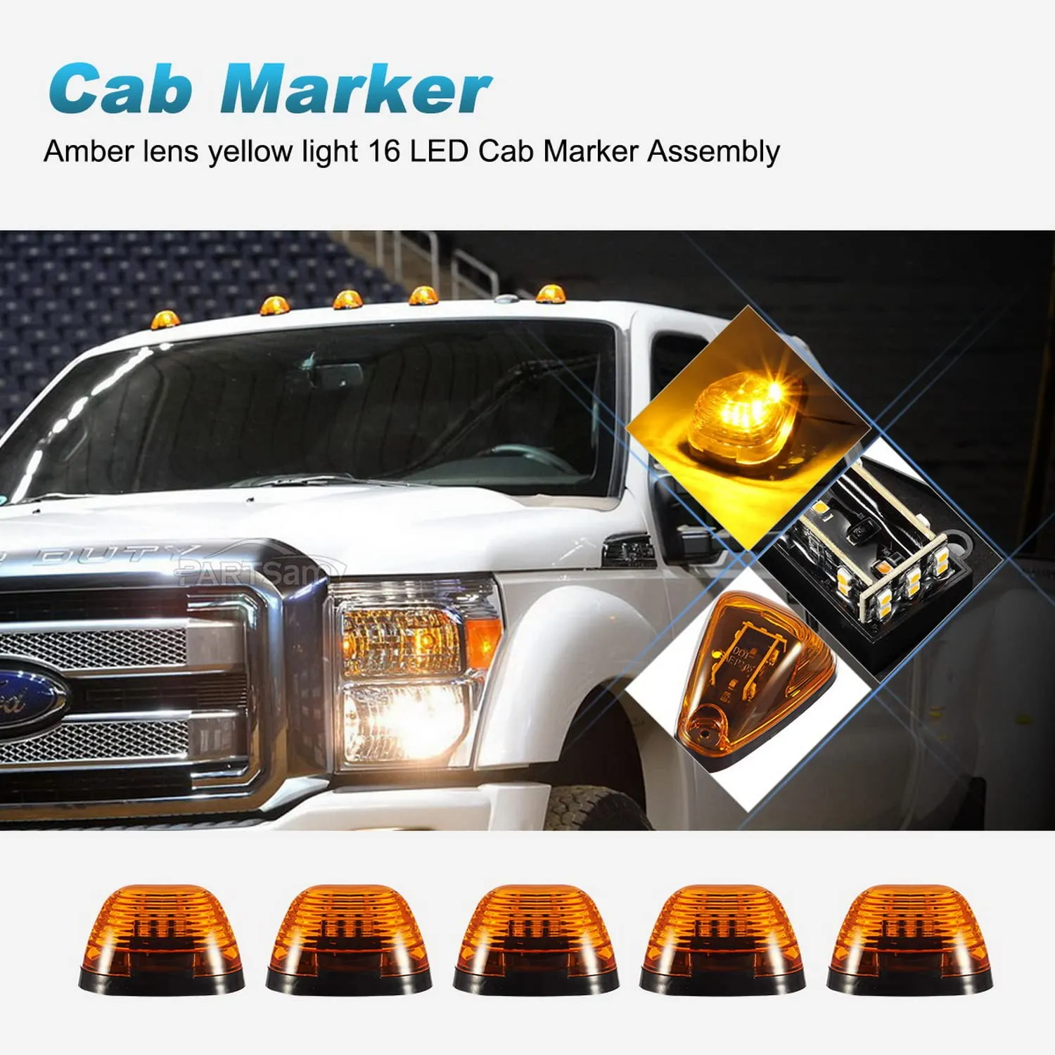 Partsam 5Pcs Cab Marker Lights, Amber Led Roof Running Lights, Top Clearance Lights Assembly 16LED Compatible with F250 F350 F450 F550 Cab Lights 1999-2016/E350 E450 2017 2018 Super Duty Pickup Truck