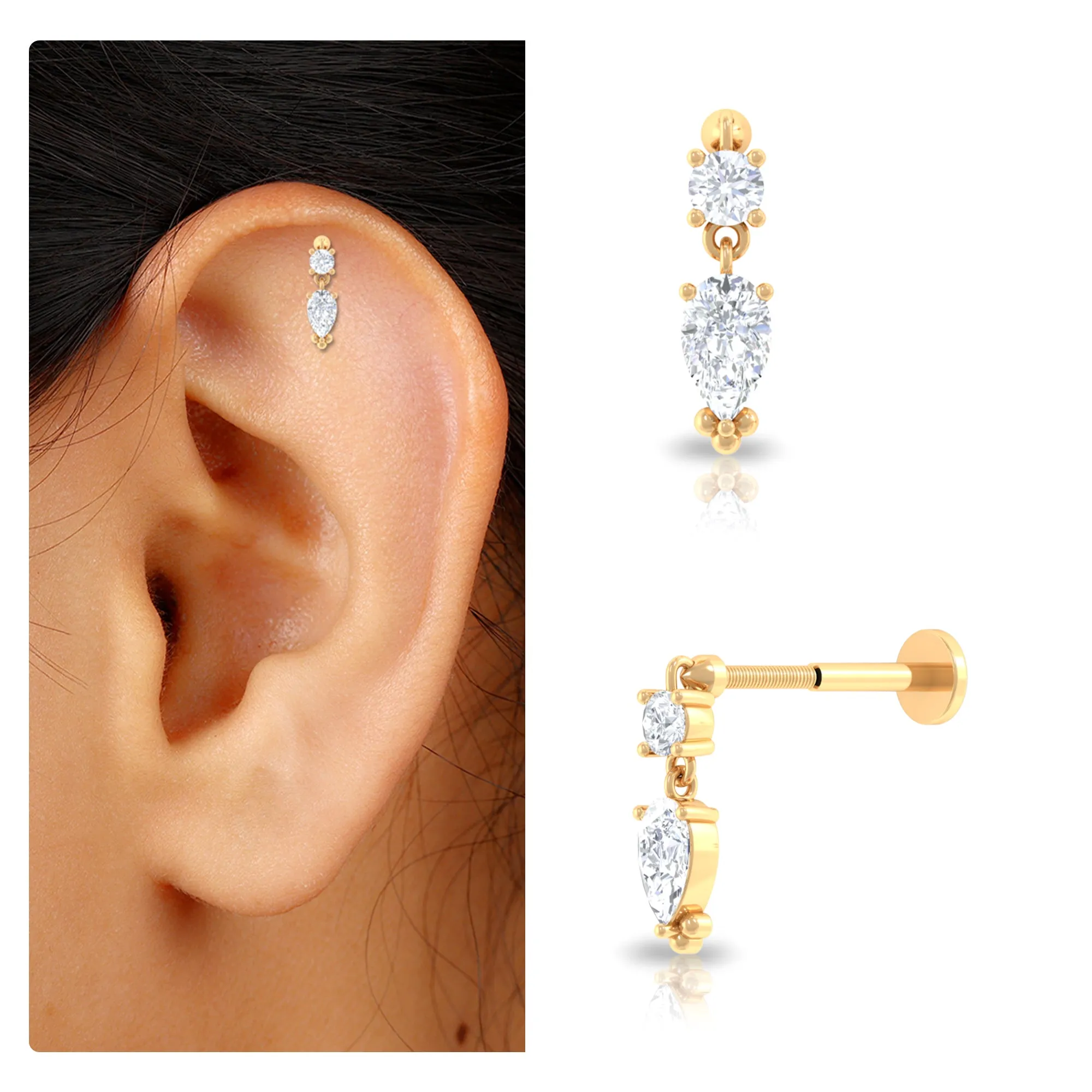 Pear Cut Moissanite Drop Earring for Cartilage Piercing