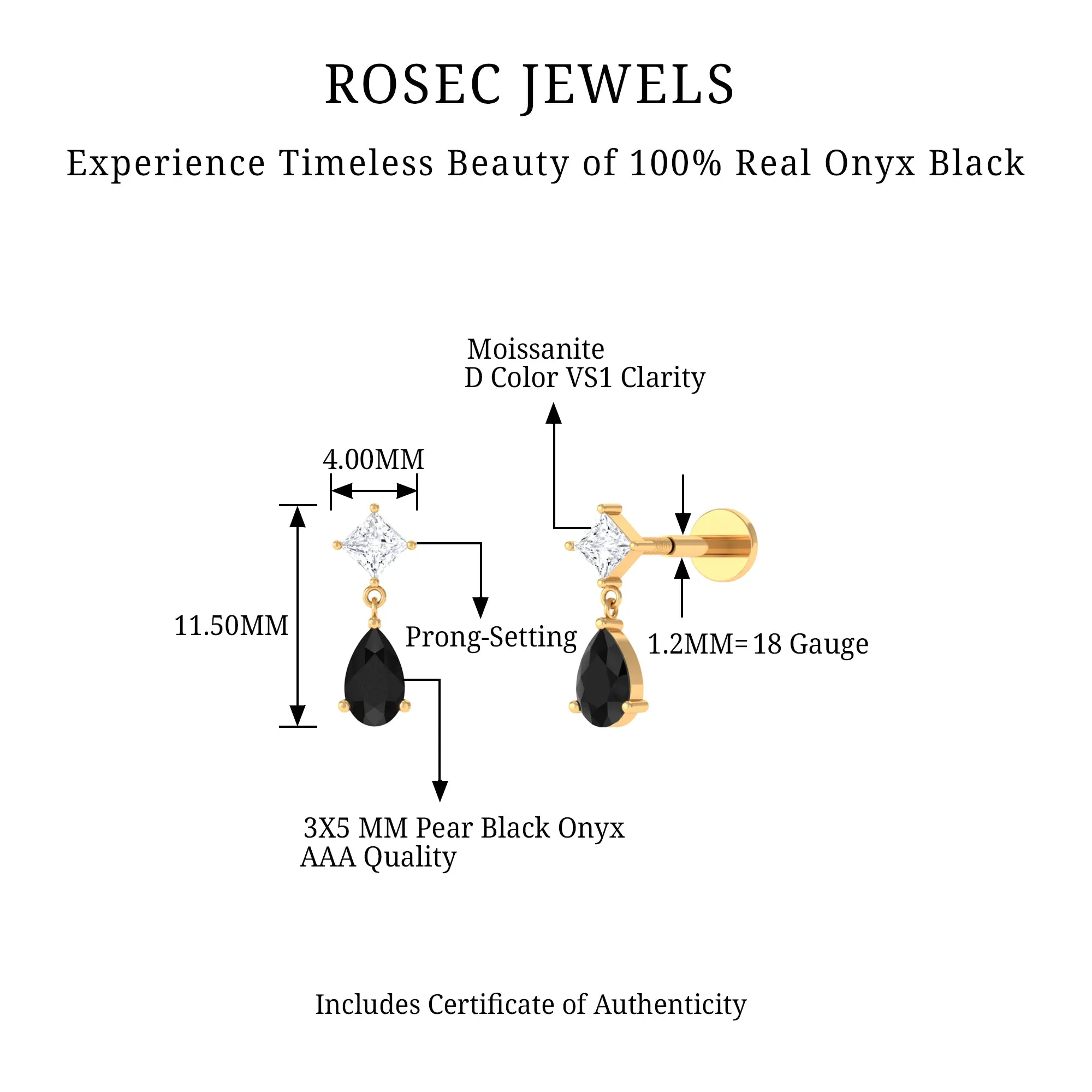 Pear Shape Black Onyx Dangling Helix Earring with Moissanite