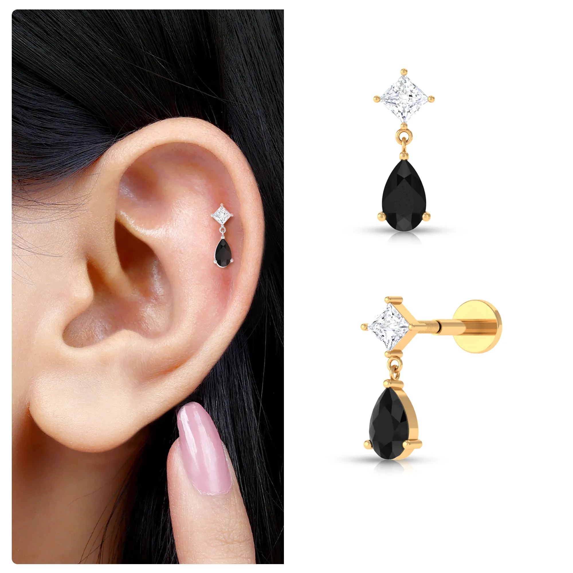 Pear Shape Black Onyx Dangling Helix Earring with Moissanite