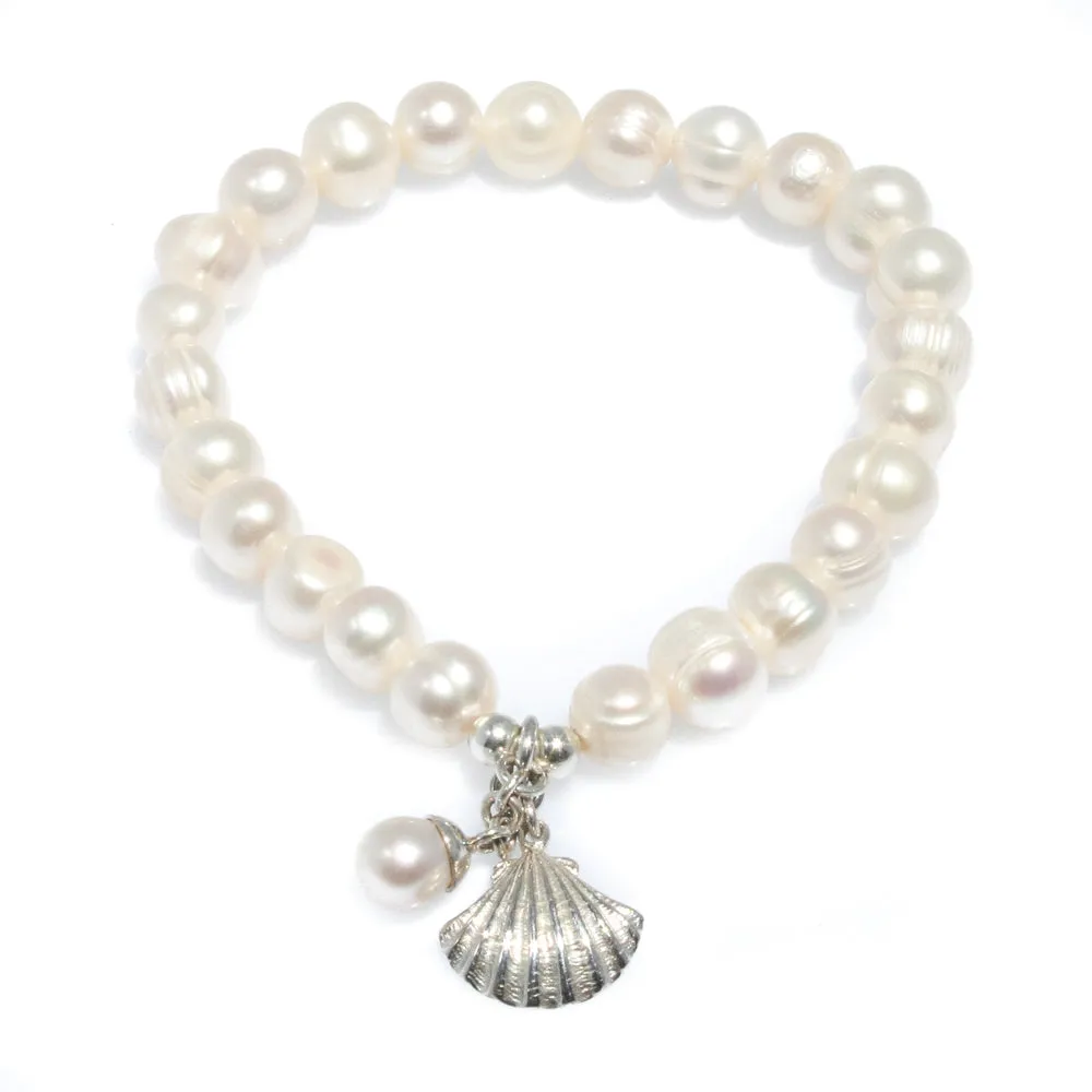 Pearl Bracelet With Sterling Silver Shell & Pearl Charm