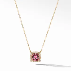 Petite Chatelaine Pave Bezel Pendant Necklace in 18K Yellow Gold with Pink Tourmaline