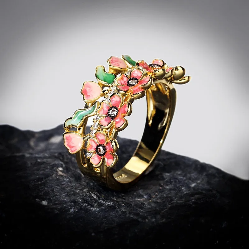 Petite flowers Enamel Cocktail Ring for Women with Zircon in 925 Sterling Silver