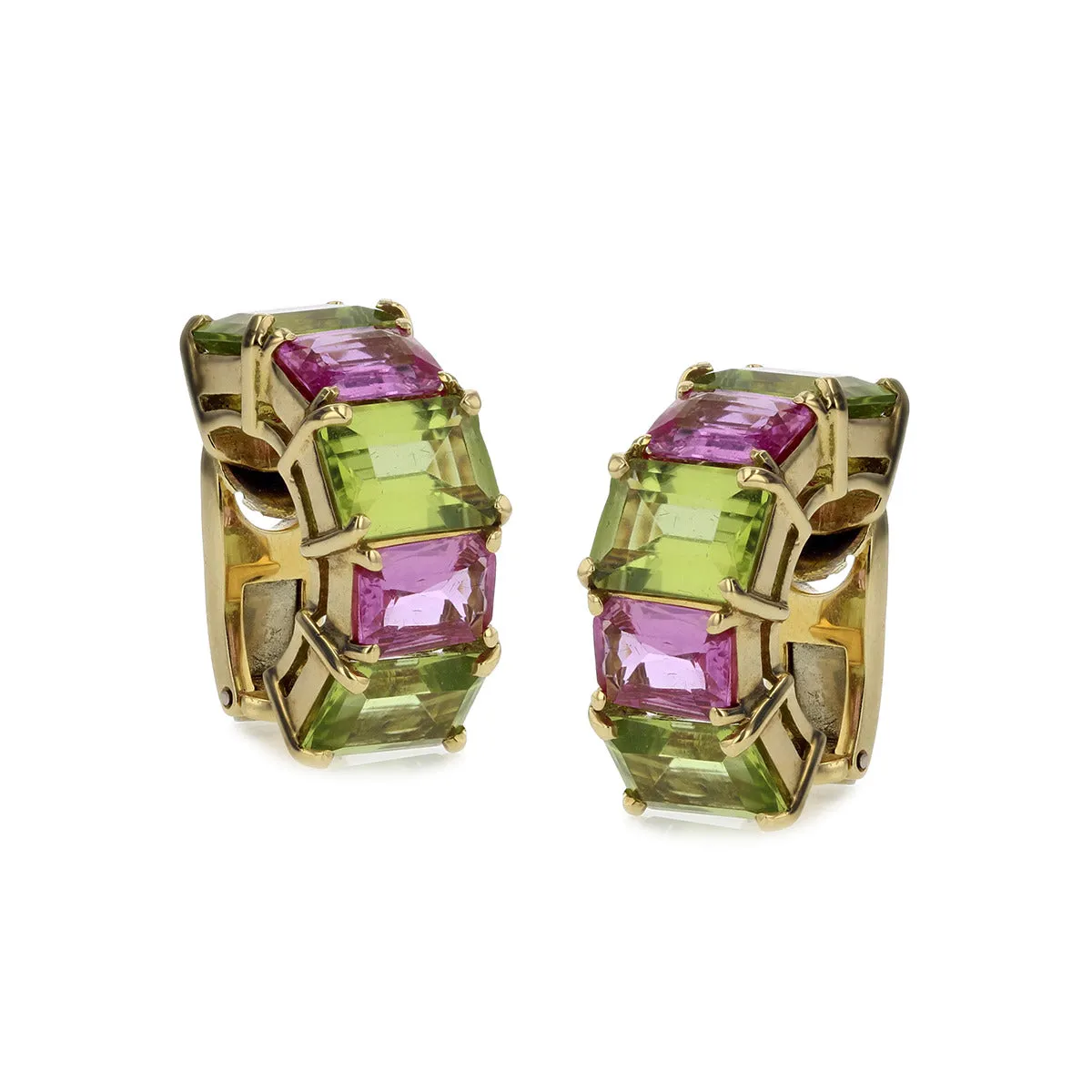 Pink Sapphire and Peridot Huggie Earrings