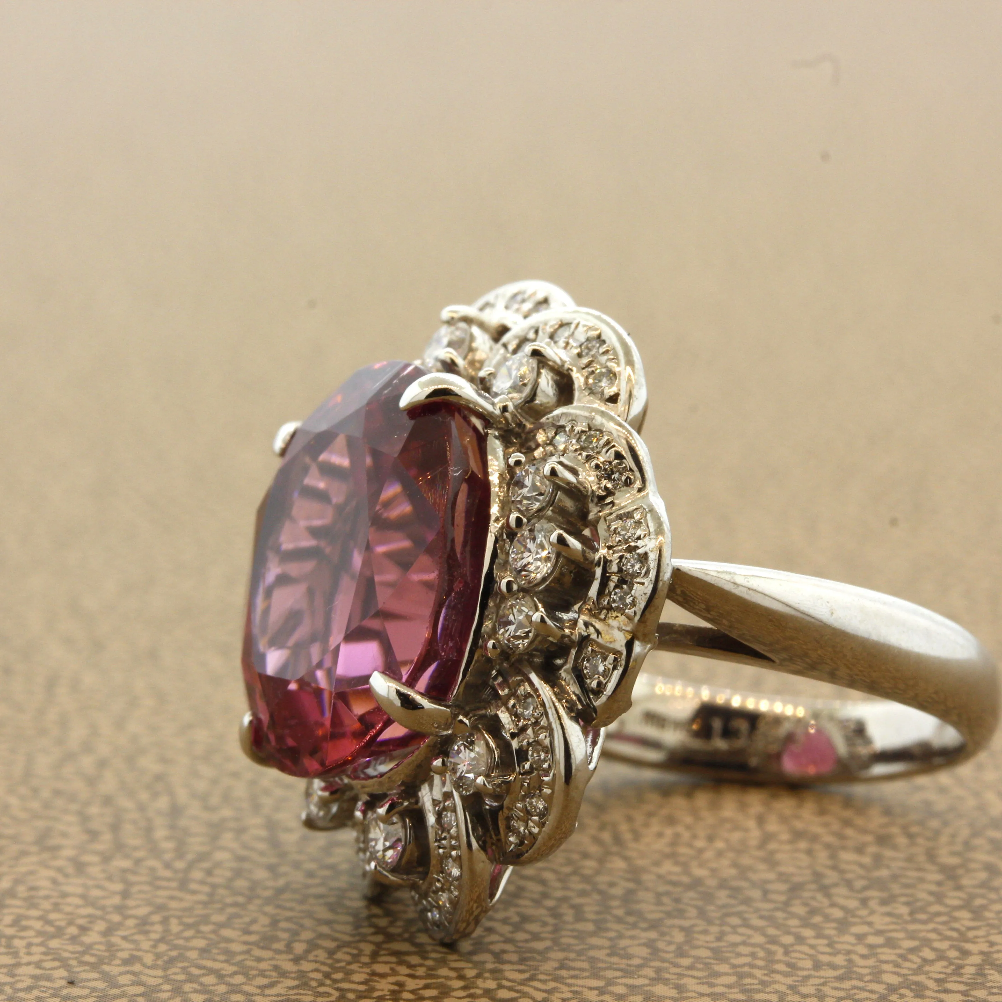 Pink Tourmaline Diamond Platinum Cocktail Ring