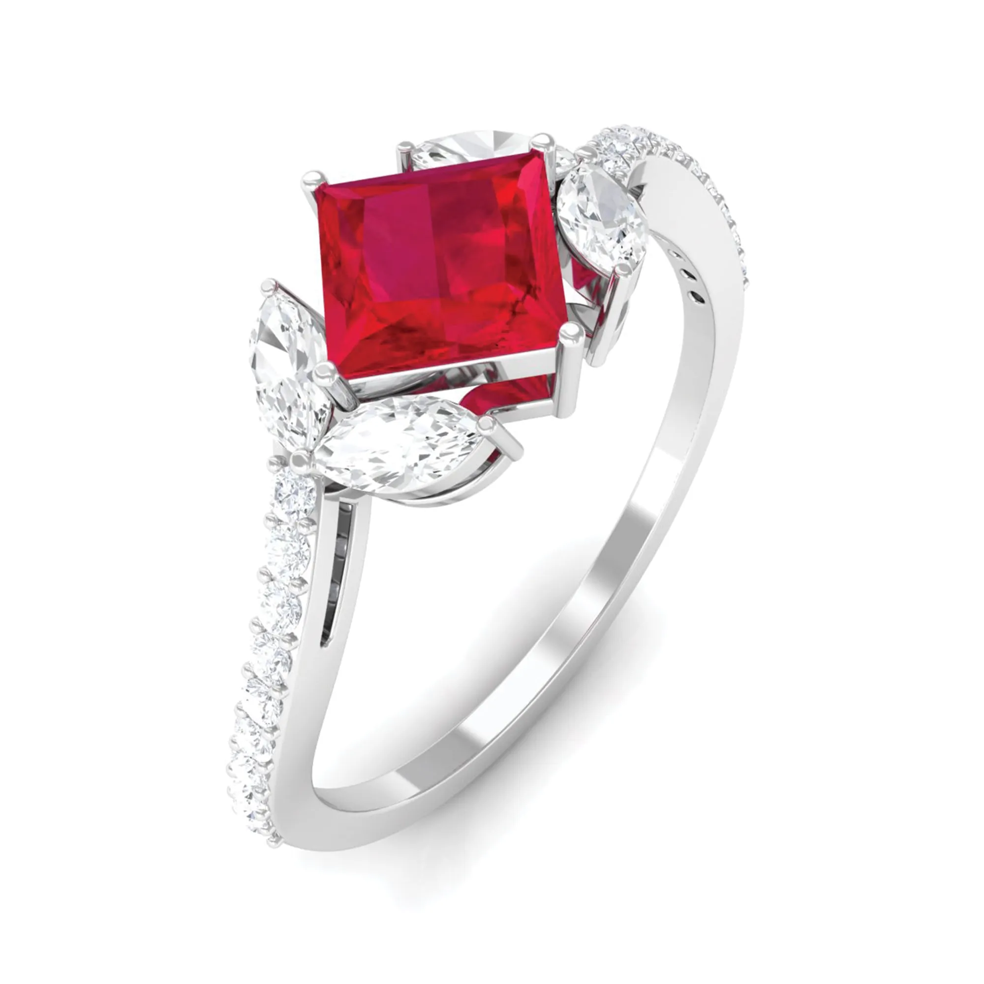 Princess Cut Lab Grown Ruby Solitaire Ring with Diamond