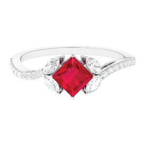 Princess Cut Lab Grown Ruby Solitaire Ring with Diamond