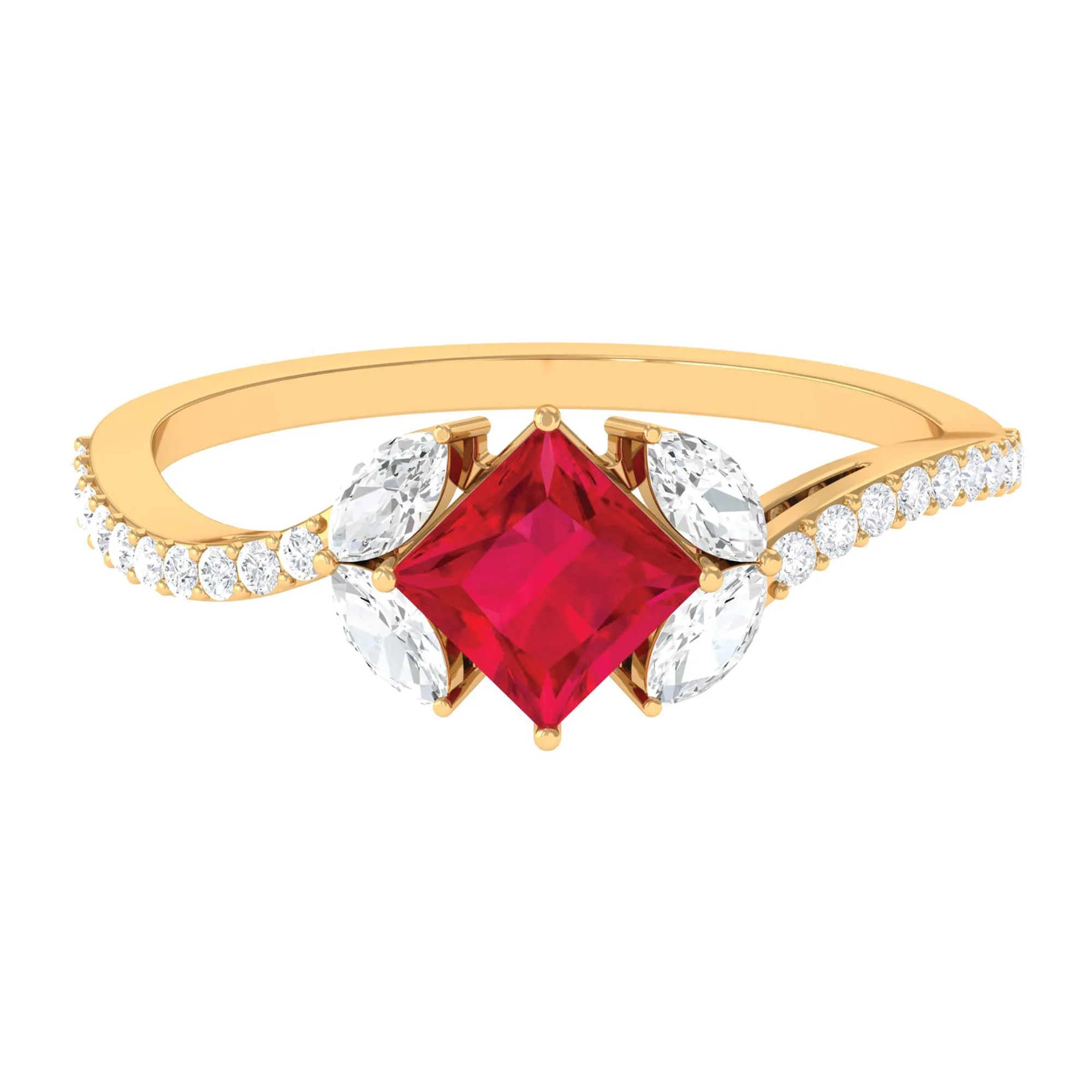 Princess Cut Lab Grown Ruby Solitaire Ring with Diamond