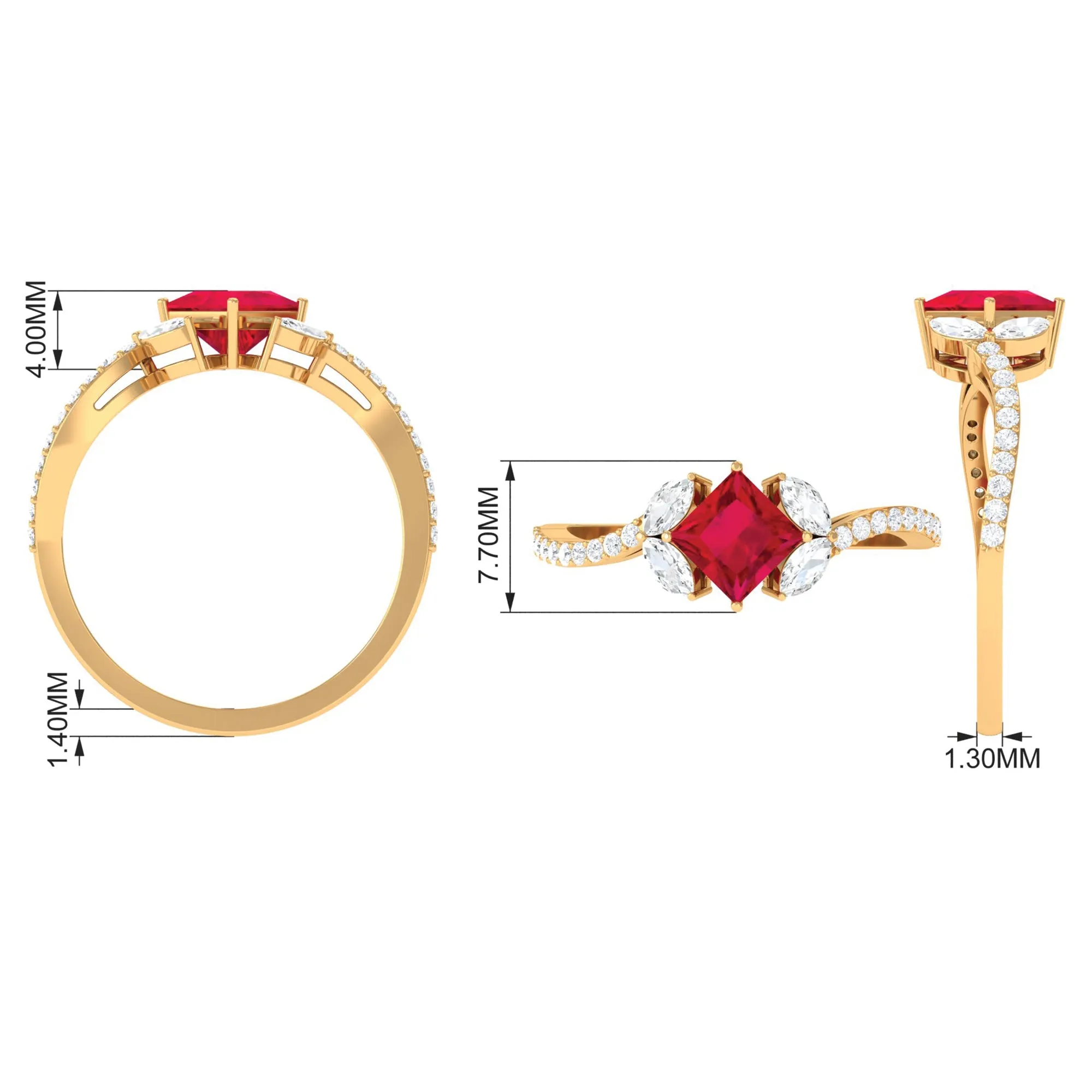 Princess Cut Lab Grown Ruby Solitaire Ring with Diamond