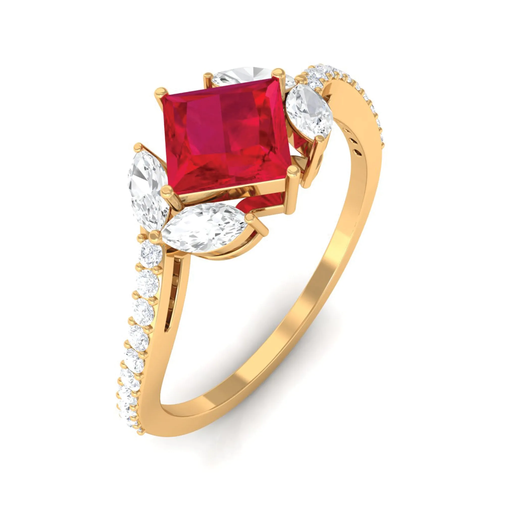 Princess Cut Lab Grown Ruby Solitaire Ring with Diamond