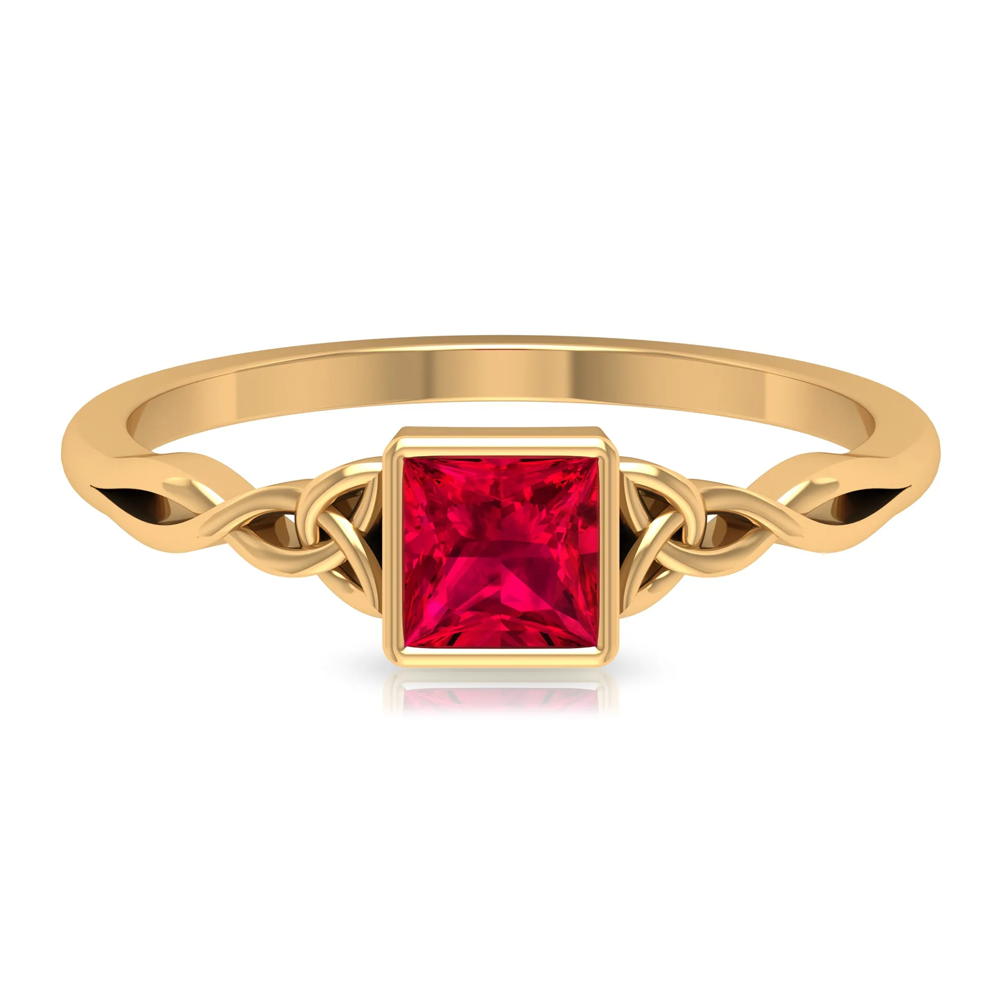 Princess Cut Solitaire Created Ruby Celtic Knot Ring in Bezel Setting