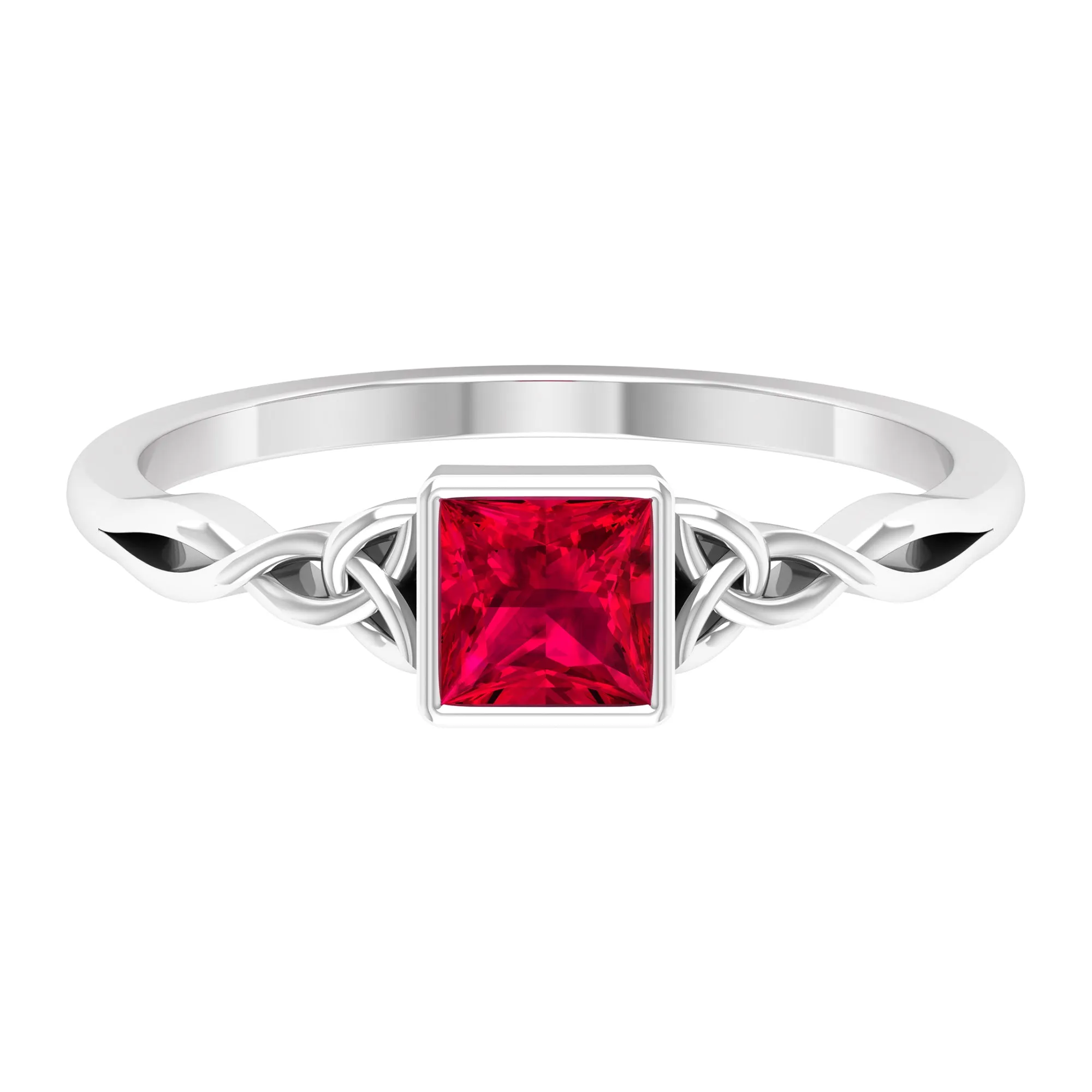 Princess Cut Solitaire Created Ruby Celtic Knot Ring in Bezel Setting