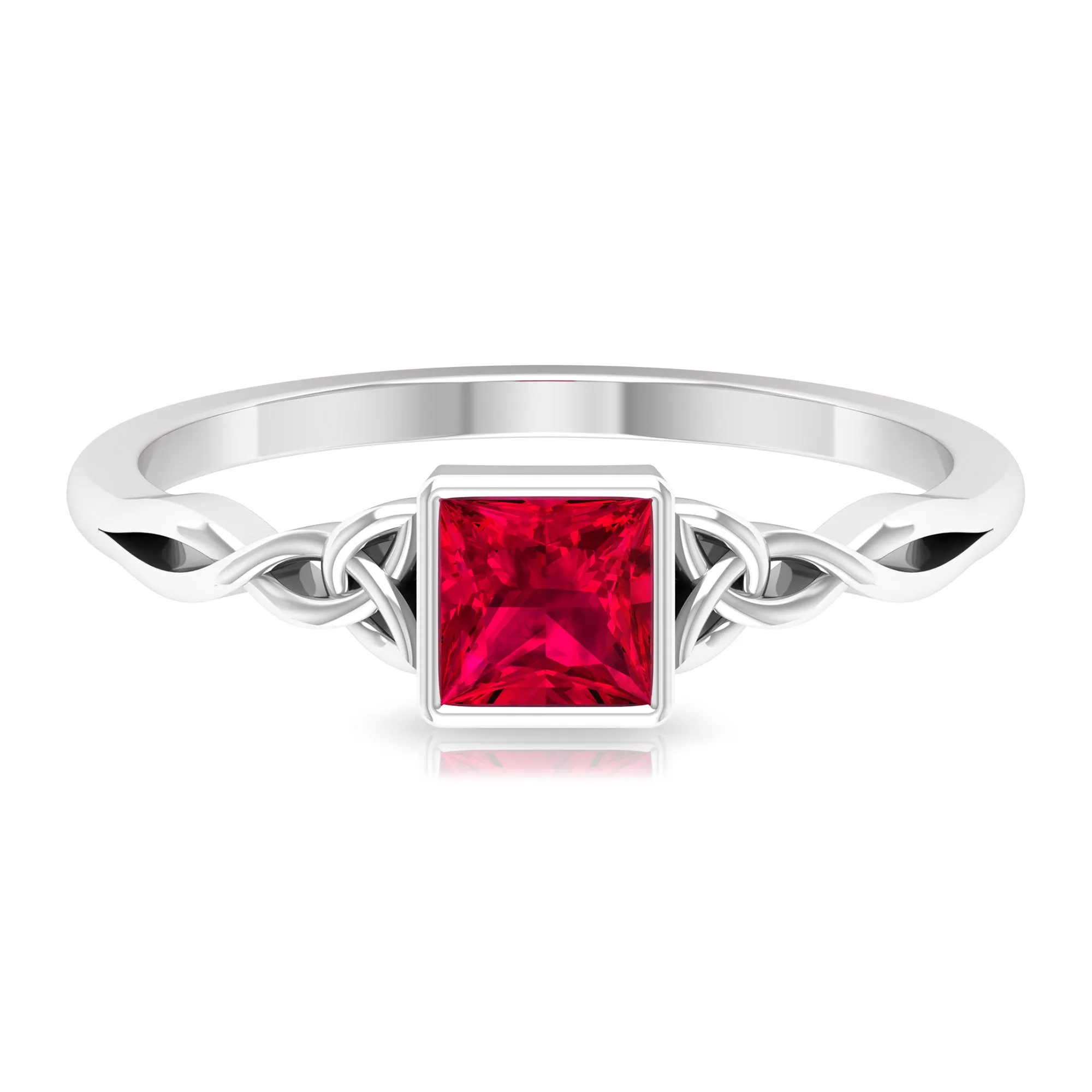 Princess Cut Solitaire Created Ruby Celtic Knot Ring in Bezel Setting