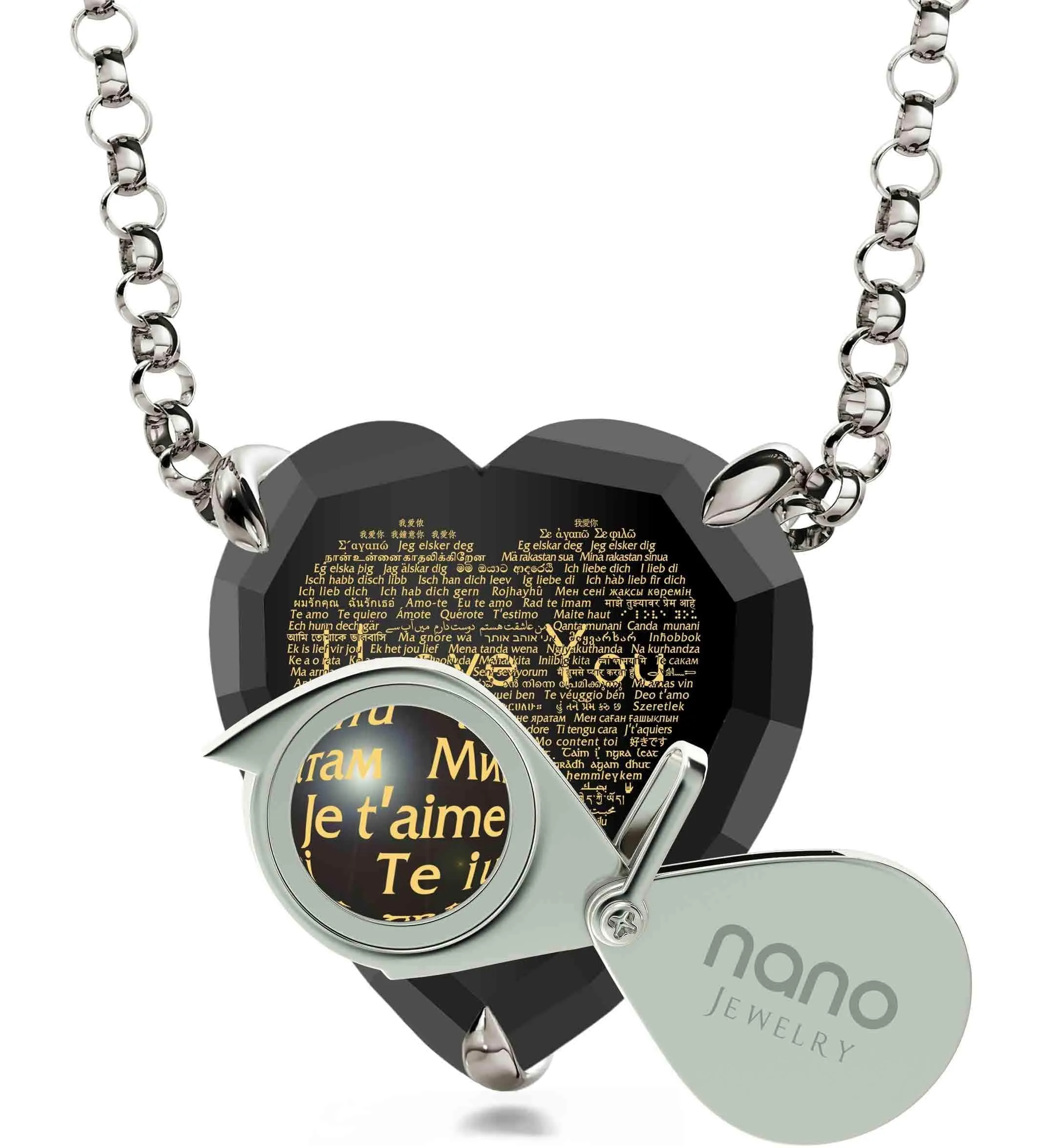 "I Love You" in 120 Languages, 925 Sterling Silver Necklace, Zirconia