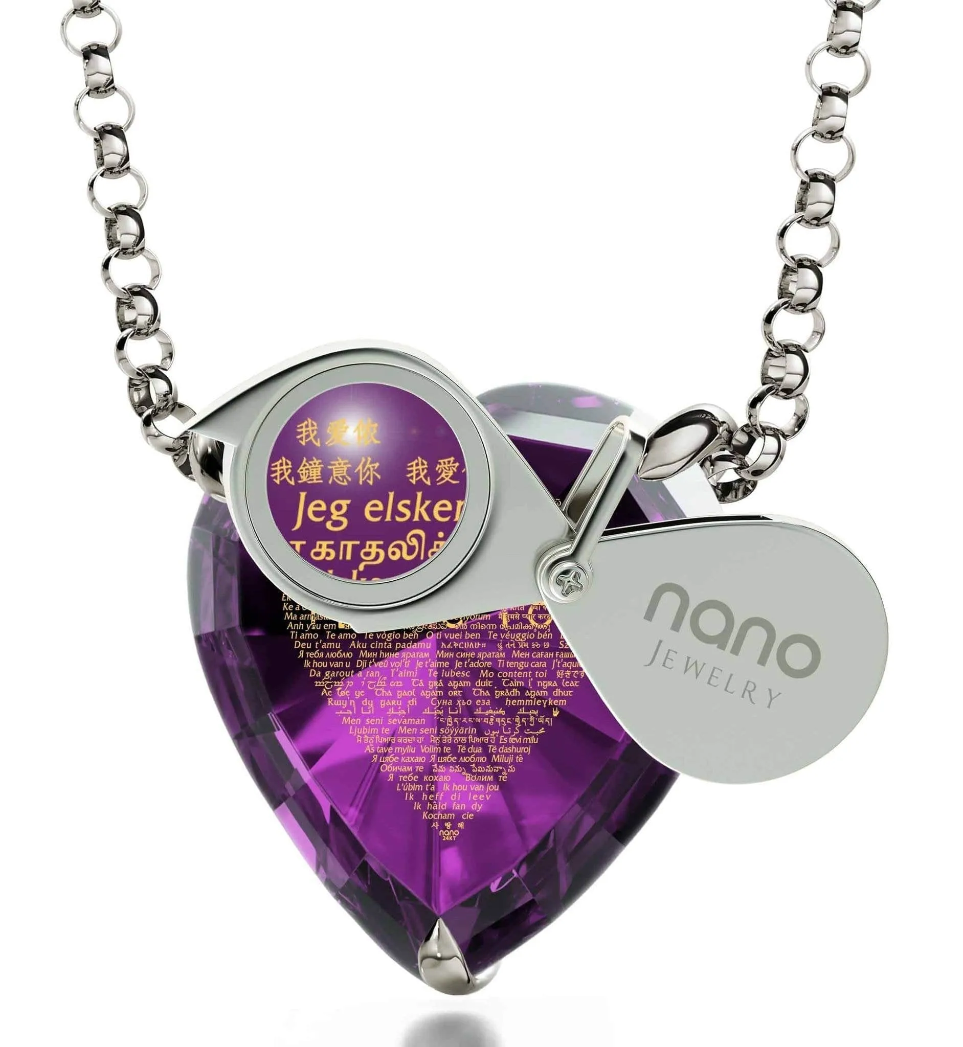 "I Love You" in 120 Languages, 925 Sterling Silver Necklace, Zirconia