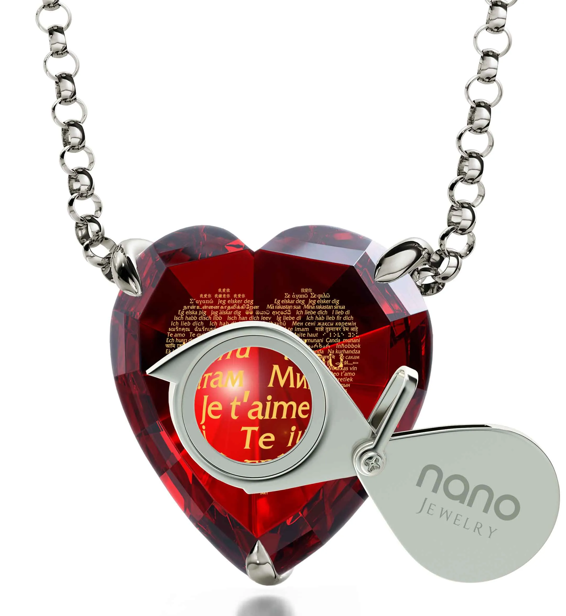 "I Love You" in 120 Languages, 925 Sterling Silver Necklace, Zirconia