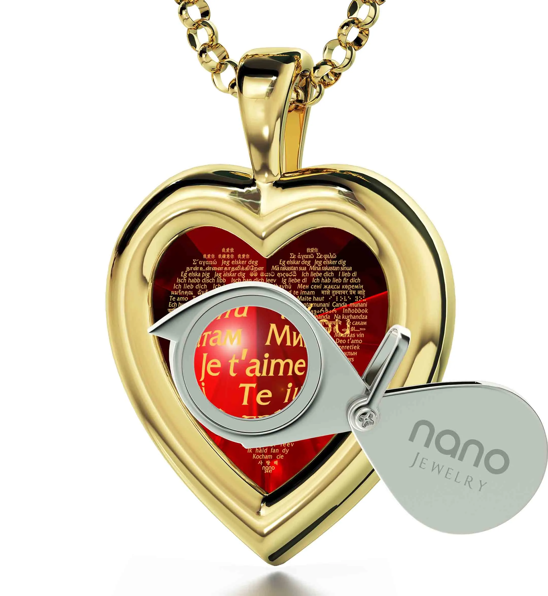 "I Love You" in 120 Languages, Sterling Silver Gold Plated (Vermeil) Necklace, Zirconia