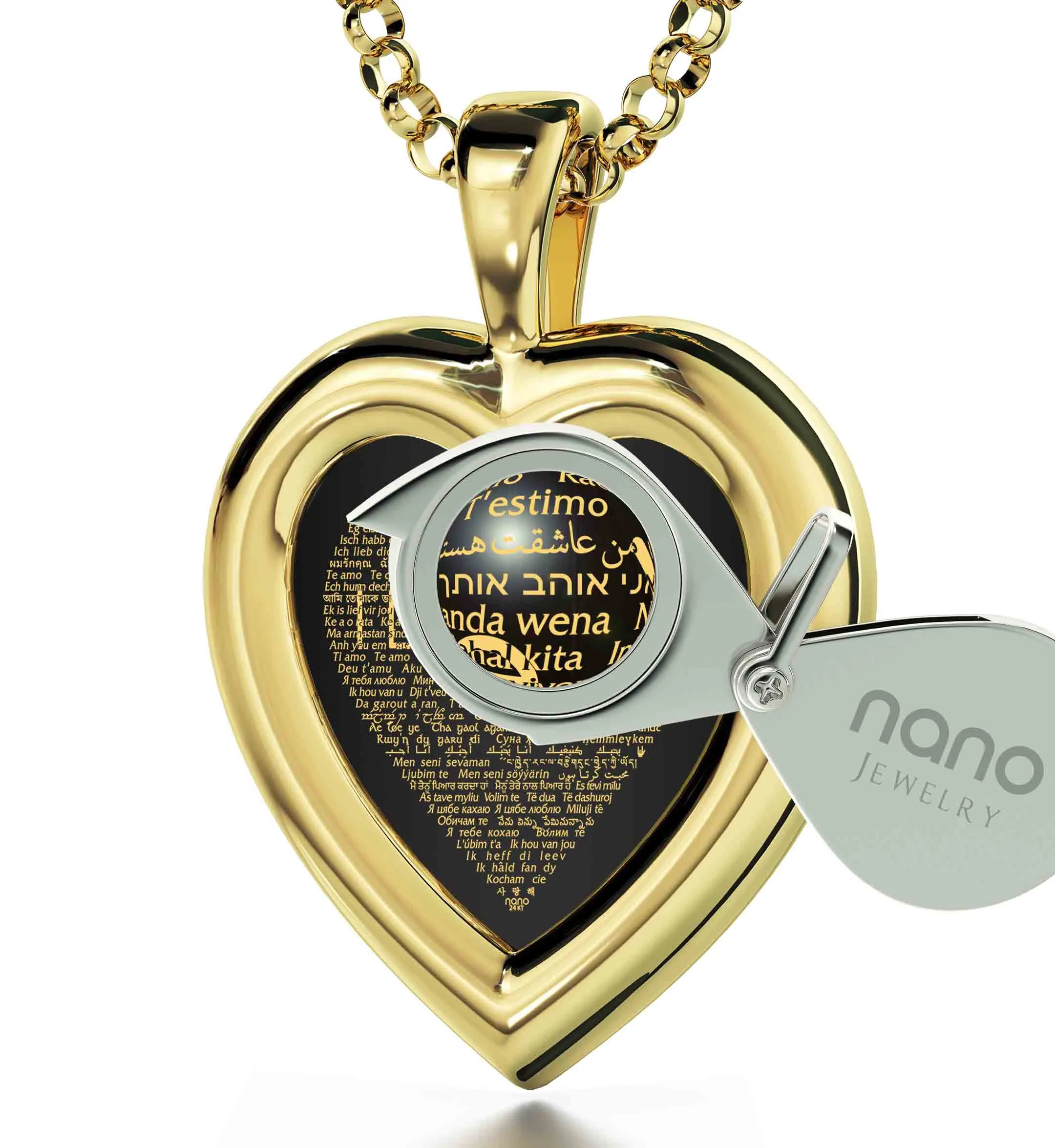 "I Love You" in 120 Languages, Sterling Silver Gold Plated (Vermeil) Necklace, Zirconia