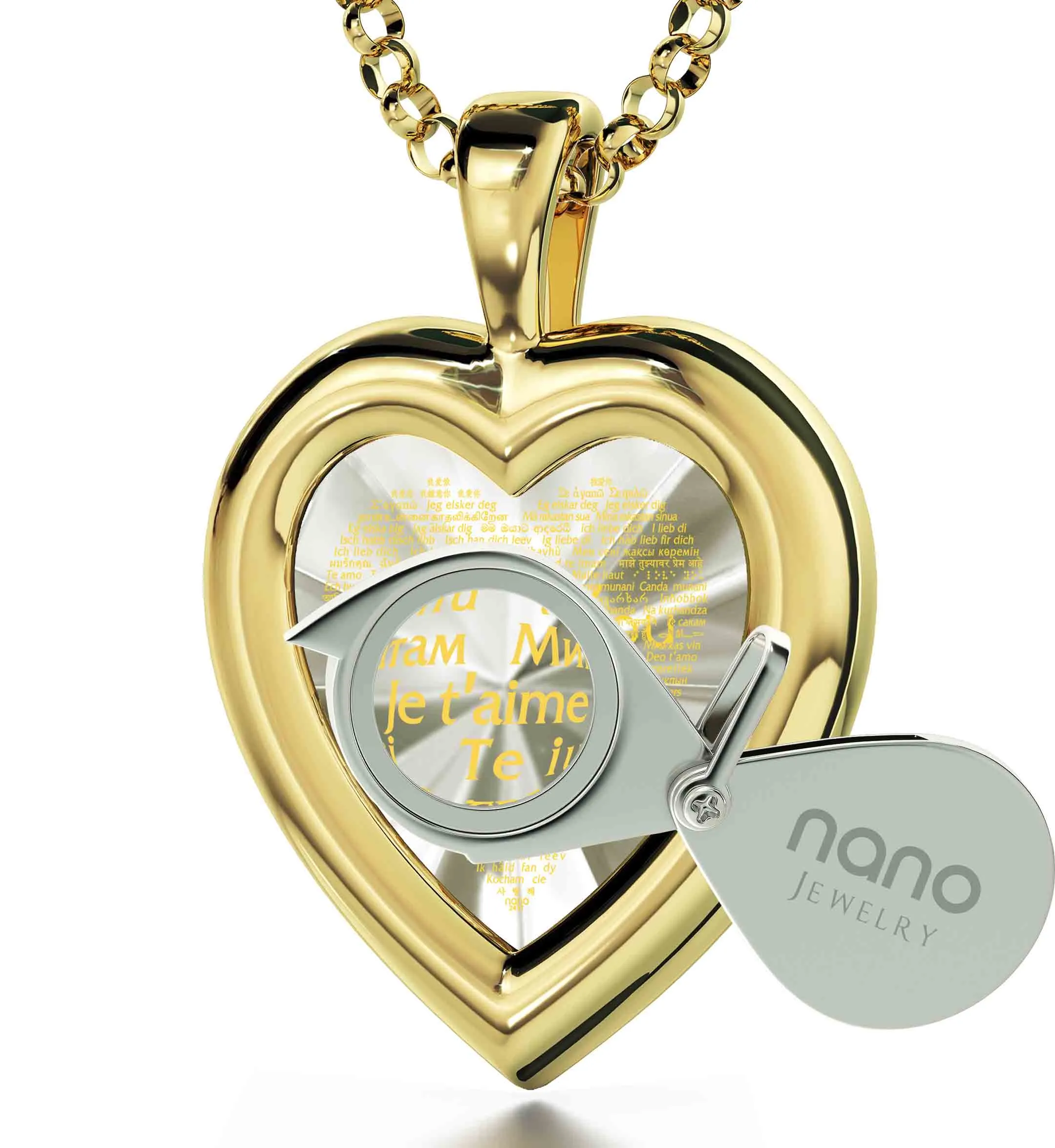 "I Love You" in 120 Languages, Sterling Silver Gold Plated (Vermeil) Necklace, Zirconia