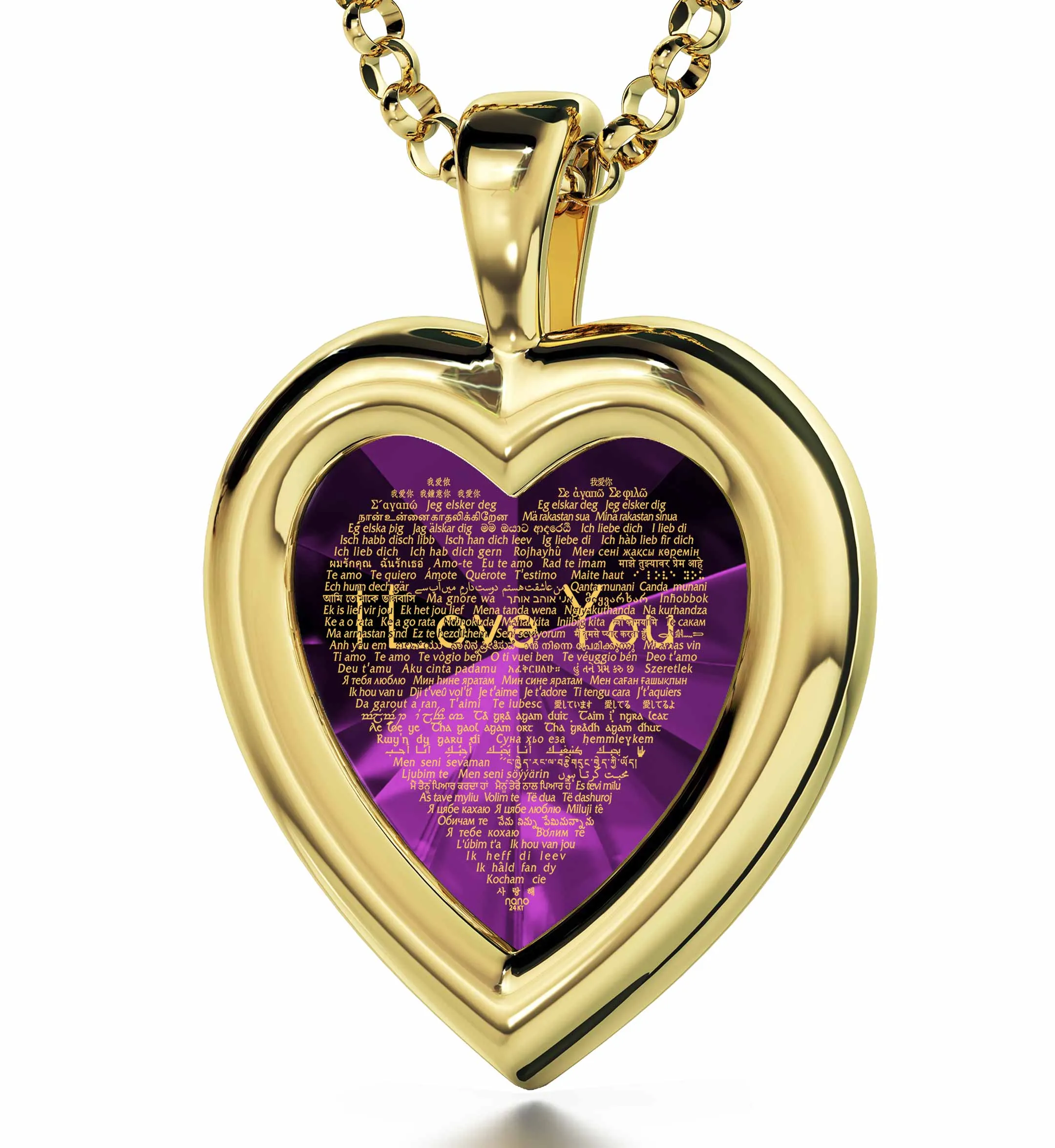 "I Love You" in 120 Languages, Sterling Silver Gold Plated (Vermeil) Necklace, Zirconia