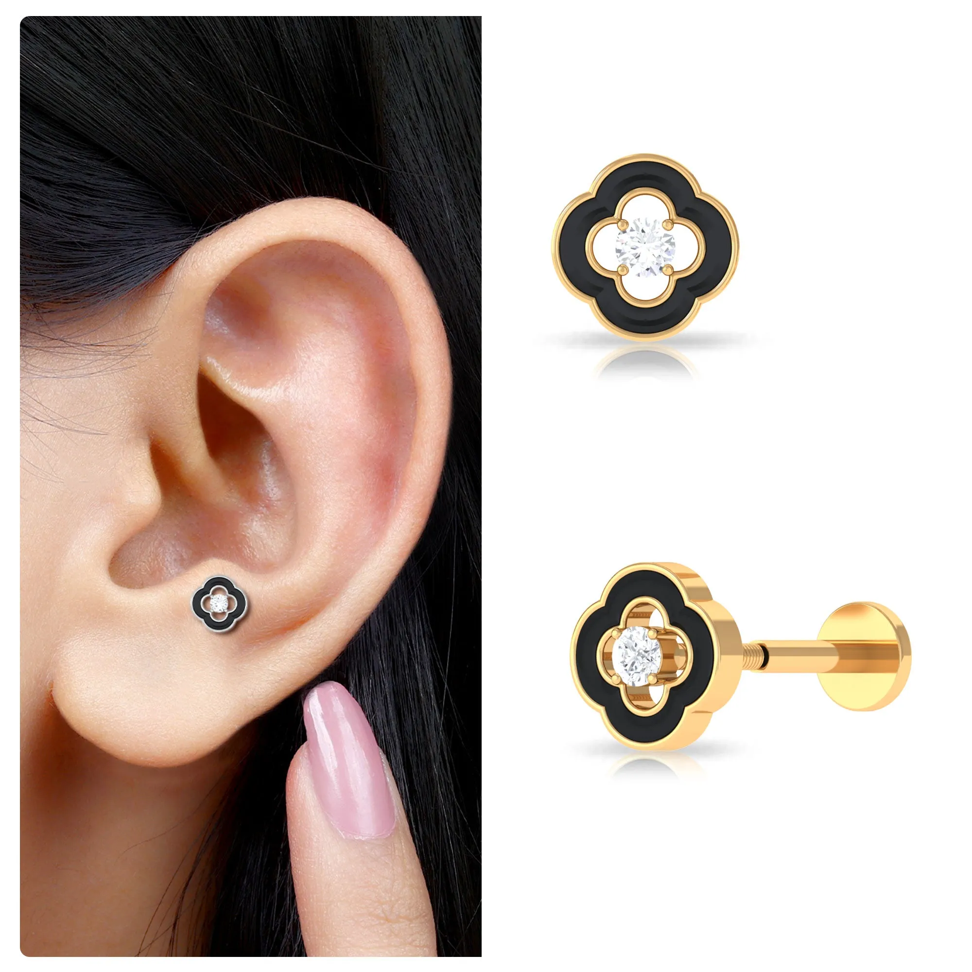 Real Diamond Black Enamel Flower Cartilage Earring