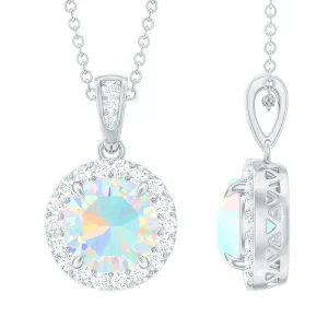 Real Ethiopian Opal and Moissanite Halo Pendant Necklace