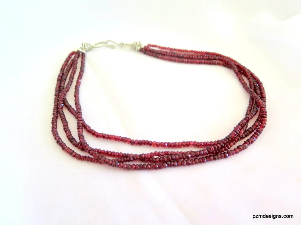 Red Garnet Multi Strand Necklace, Pyrope Garnet 4 Strand Necklace, Gift for Her