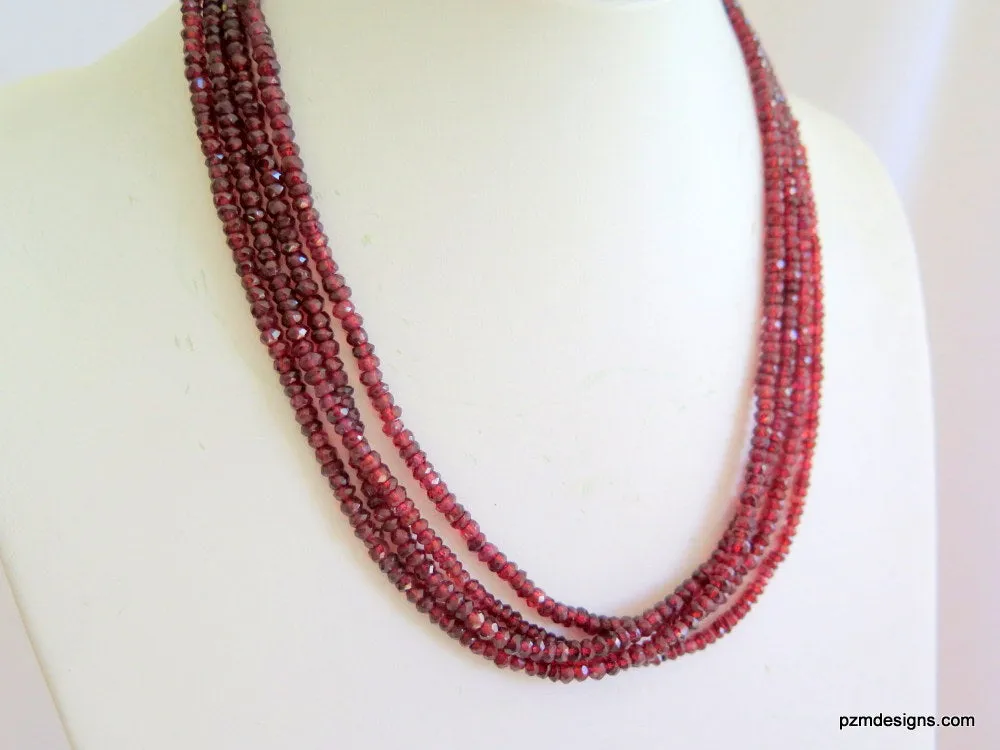 Red Garnet Multi Strand Necklace, Pyrope Garnet 4 Strand Necklace, Gift for Her