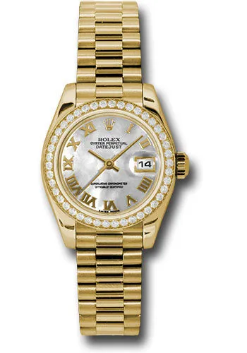 Rolex Yellow Gold Lady-Datejust 26 Watch - 42 Diamond Bezel - Mother-Of-Pearl Roman Dial - President Bracelet - 179138 mrp