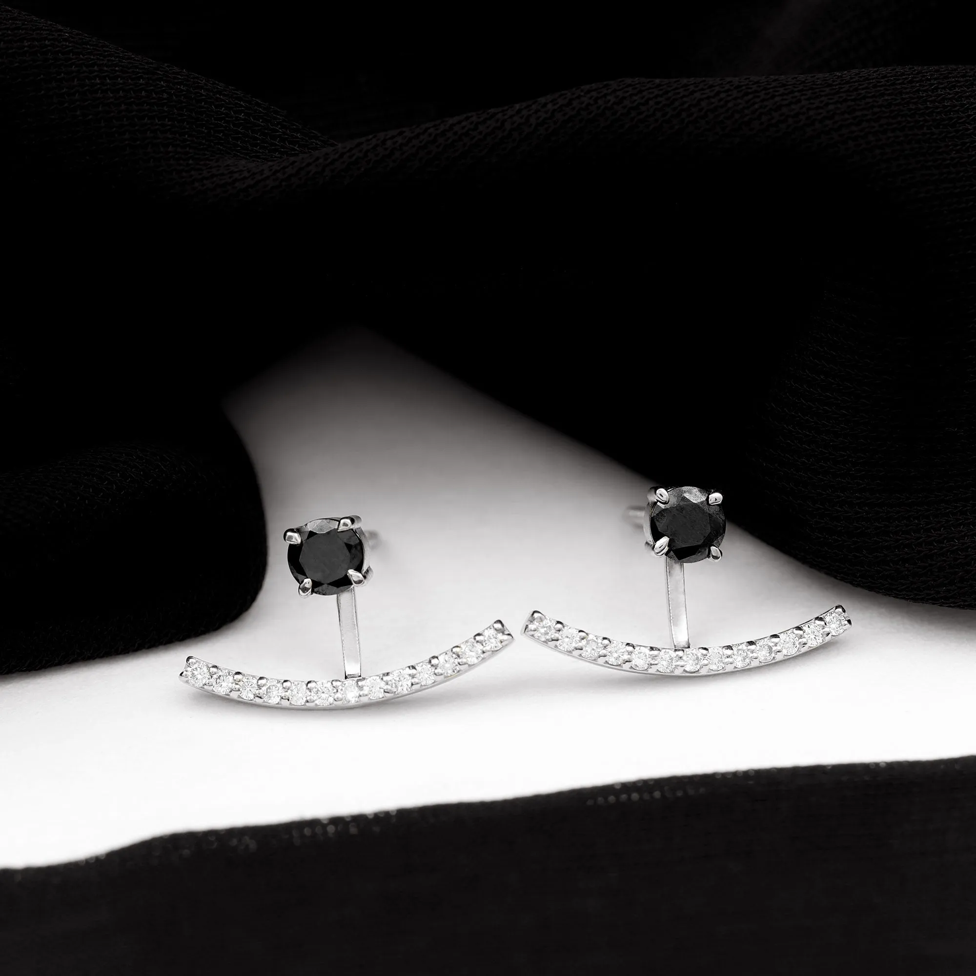 Round Black Onyx Front Back Earrings with Diamond