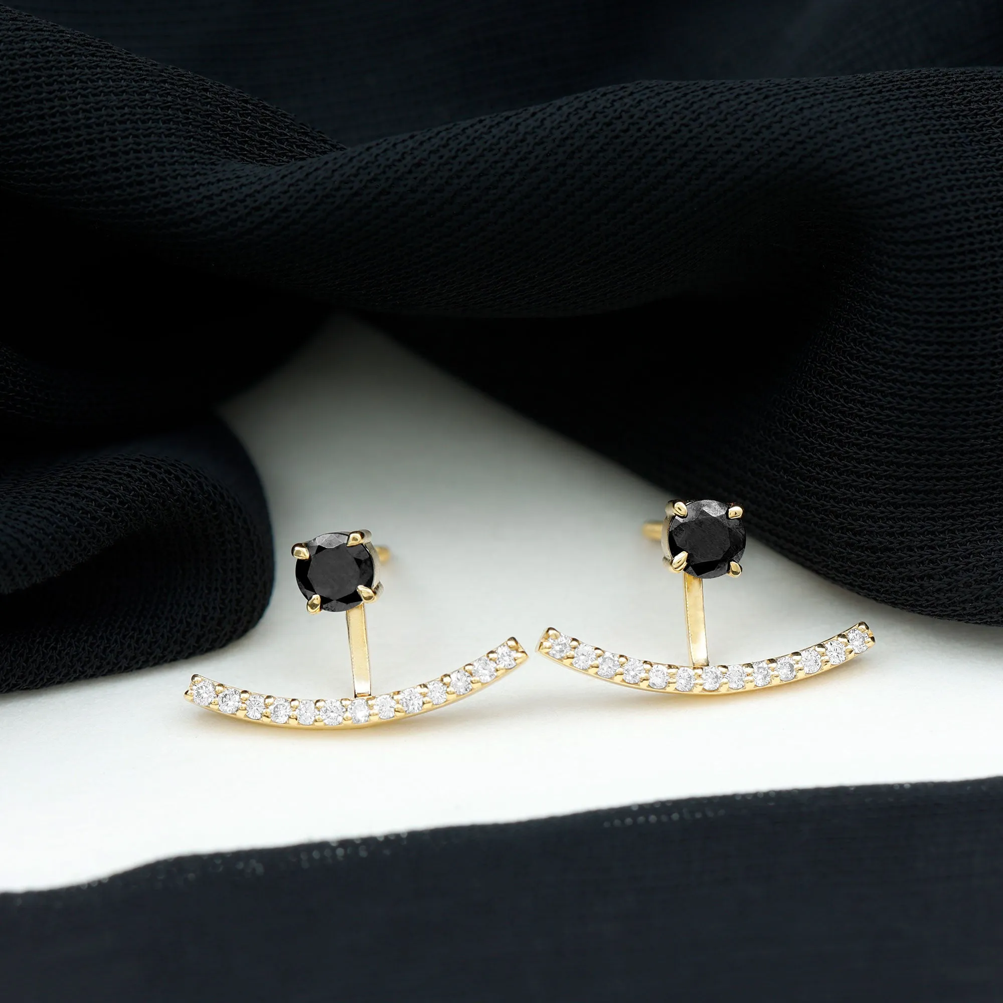 Round Black Onyx Front Back Earrings with Diamond