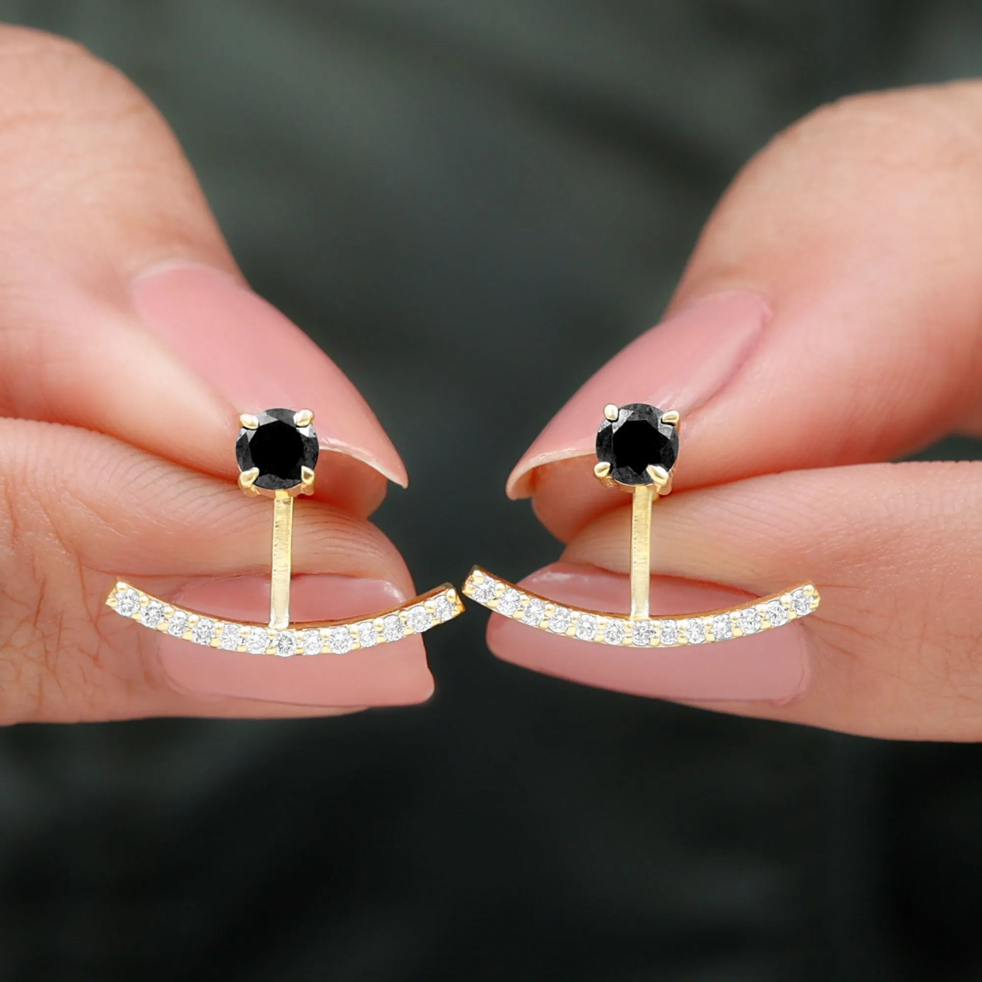 Round Black Onyx Front Back Earrings with Diamond