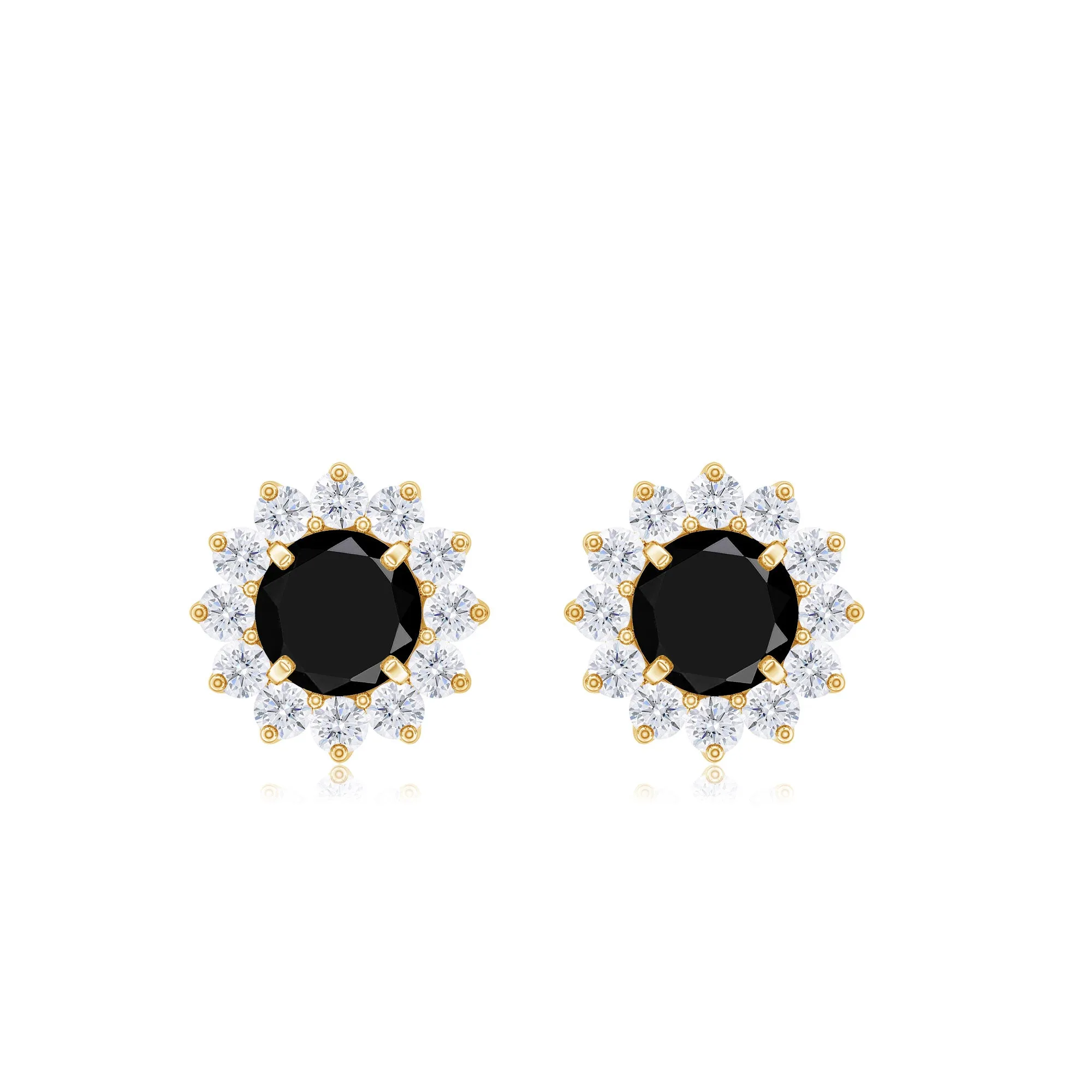 Round Created Black Diamond and Diamond Flower Halo Stud Earrings