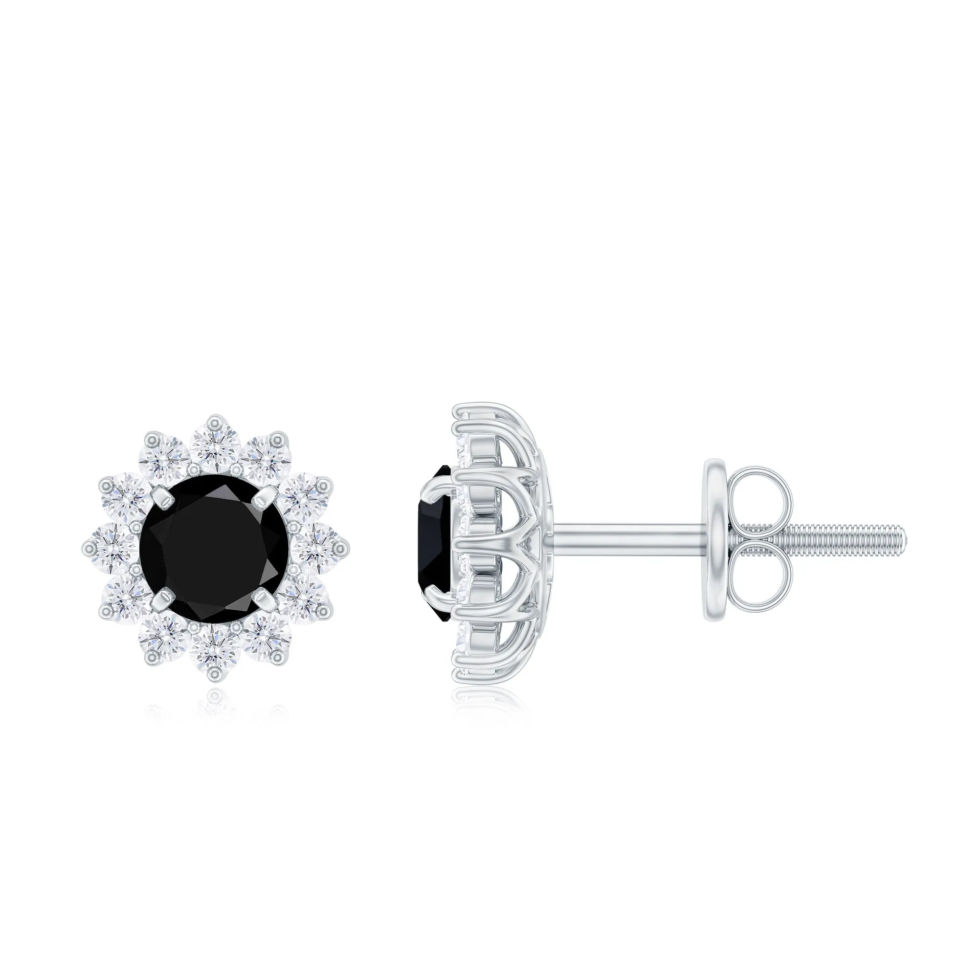 Round Created Black Diamond and Diamond Flower Halo Stud Earrings