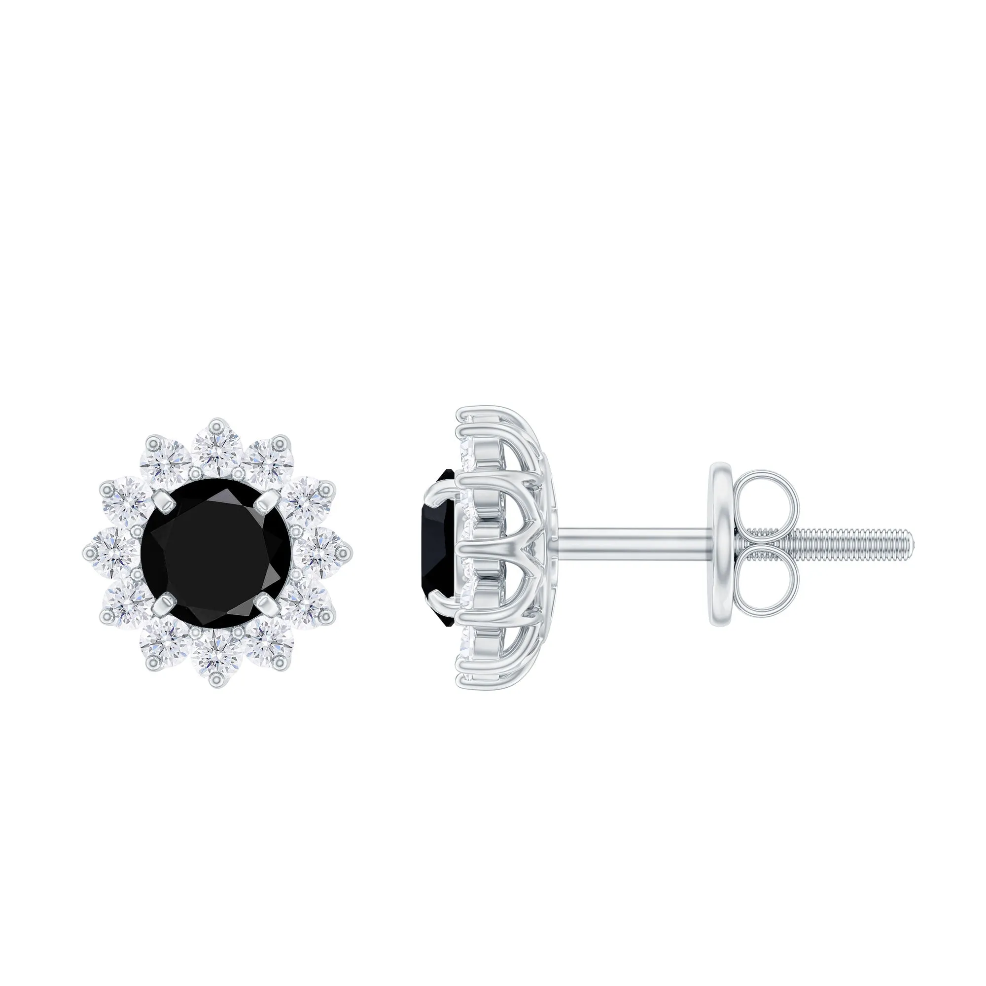 Round Created Black Diamond and Diamond Flower Halo Stud Earrings