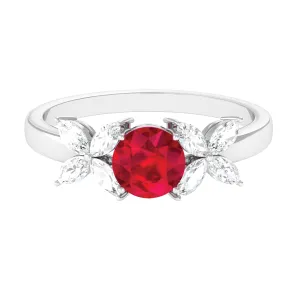 Round Created Ruby Floral Engagement Ring with Moissanite Accent