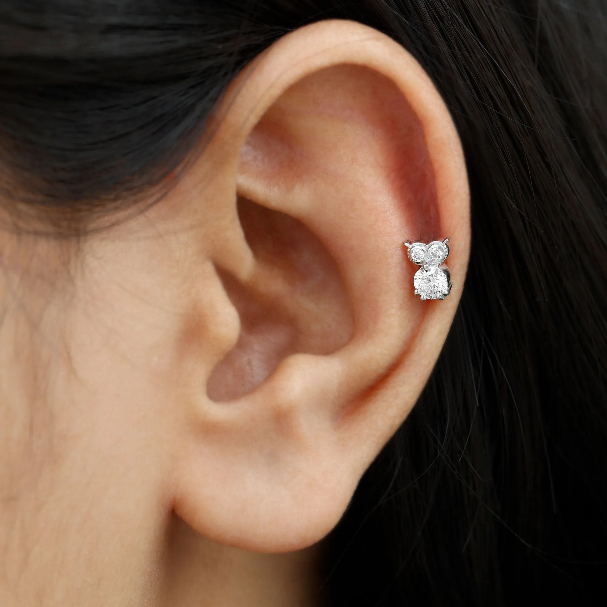 Round Cut Moissanite Owl Earring for Cartilage Piercing